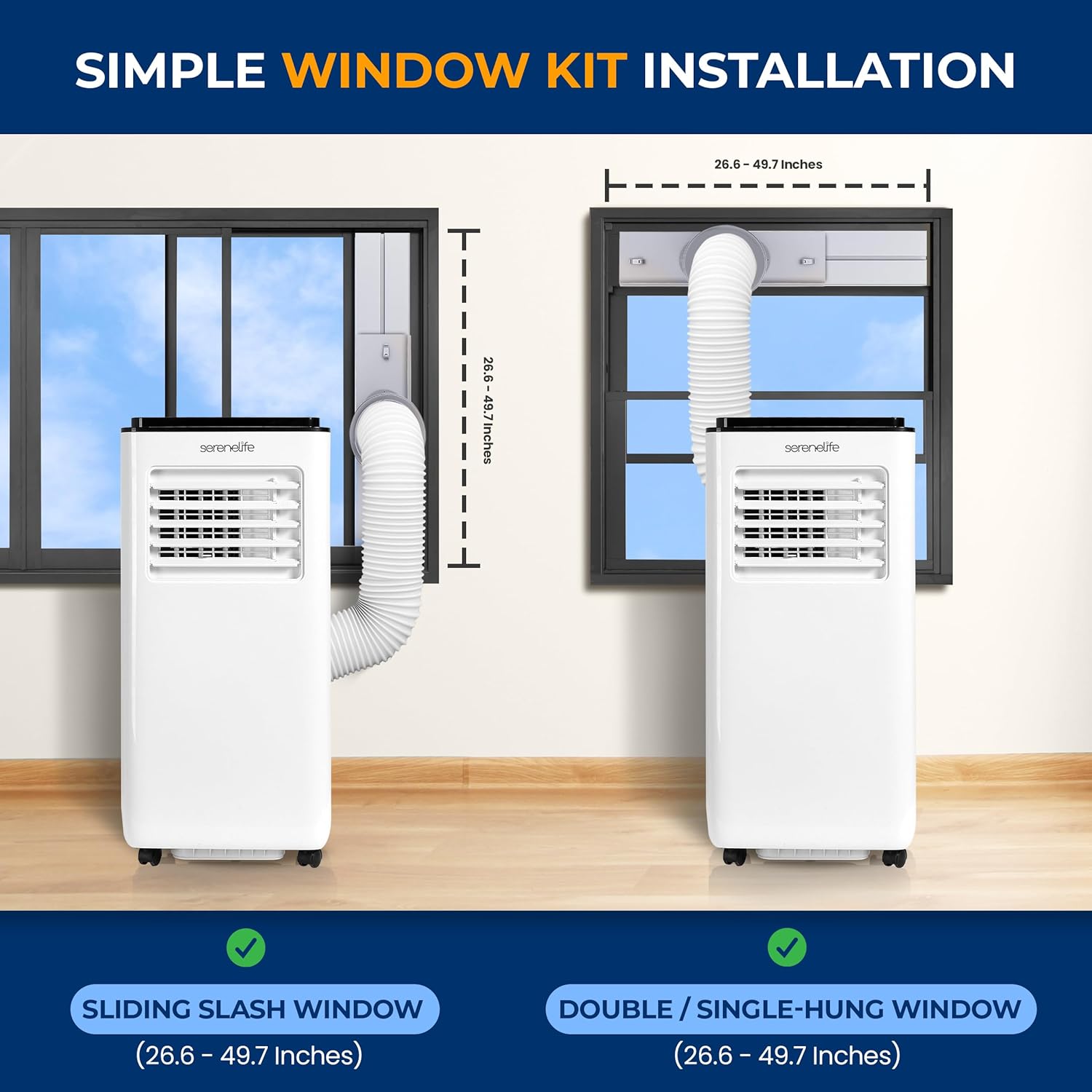 SereneLife 8000 BTU Portable Air Conditioner - 3-in-1 Compact Standing Air Conditioner for Room Up to 300 Sq. Ft. - Floor AC Unit with Remote Control - Universal Casters, Window Mount Kit image 4