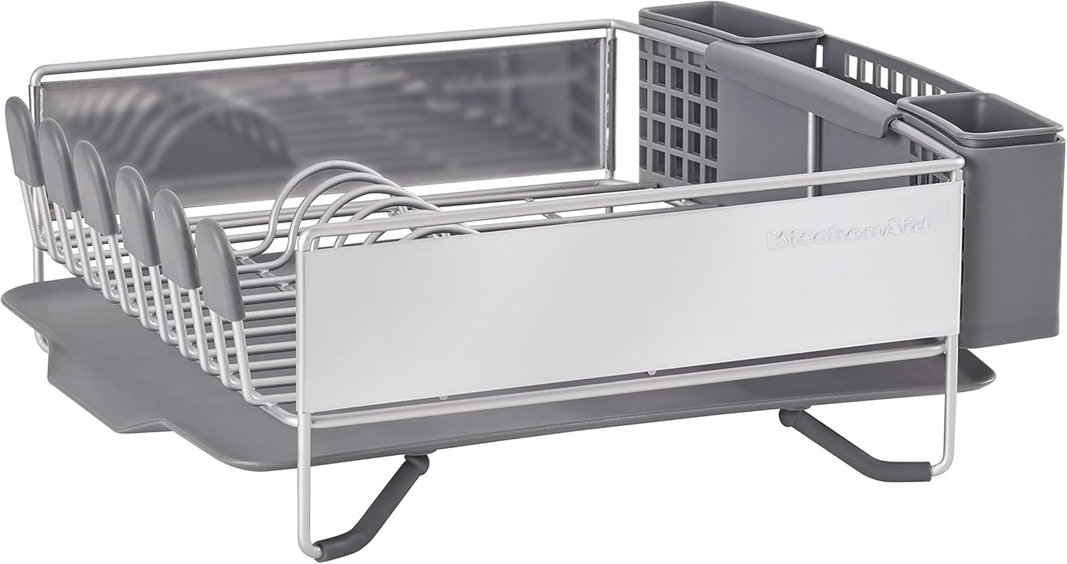 KitchenAid Compact Space Saving, Dish Rack with Removable Flatware Caddy and Angled Self Draining Drainboard, Satin Gray, 15-Inch-by-13.25-Inch image 1