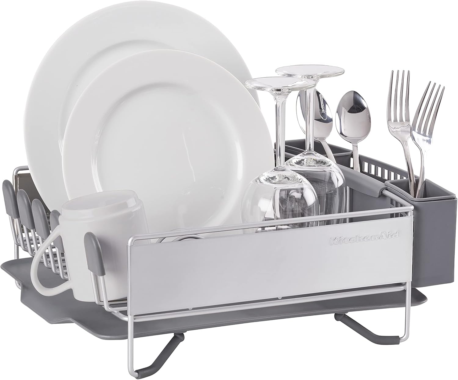 KitchenAid Compact Space Saving, Dish Rack with Removable Flatware Caddy and Angled Self Draining Drainboard, Satin Gray, 15-Inch-by-13.25-Inch image 2