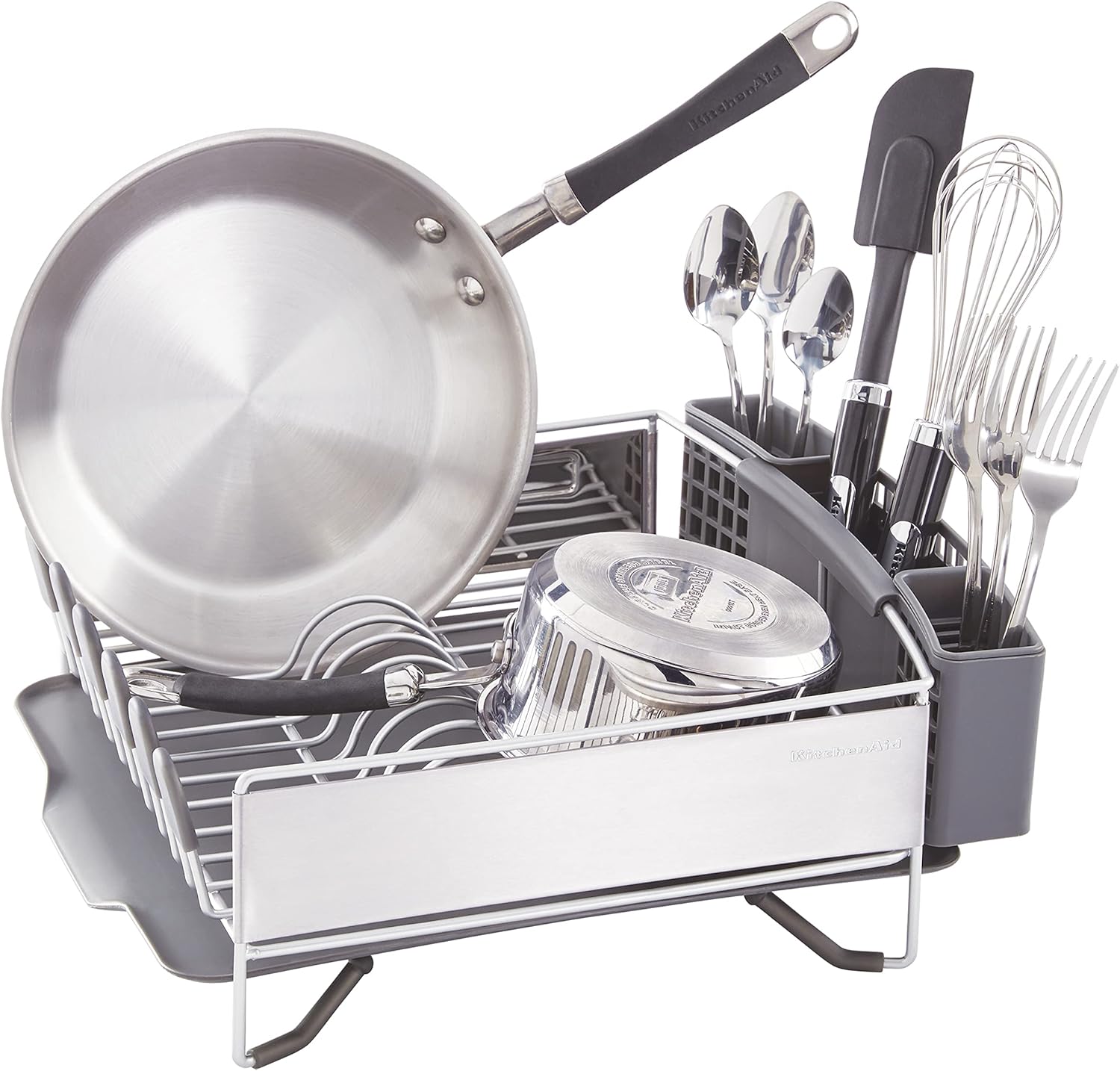 KitchenAid Compact Space Saving, Dish Rack with Removable Flatware Caddy and Angled Self Draining Drainboard, Satin Gray, 15-Inch-by-13.25-Inch image 3