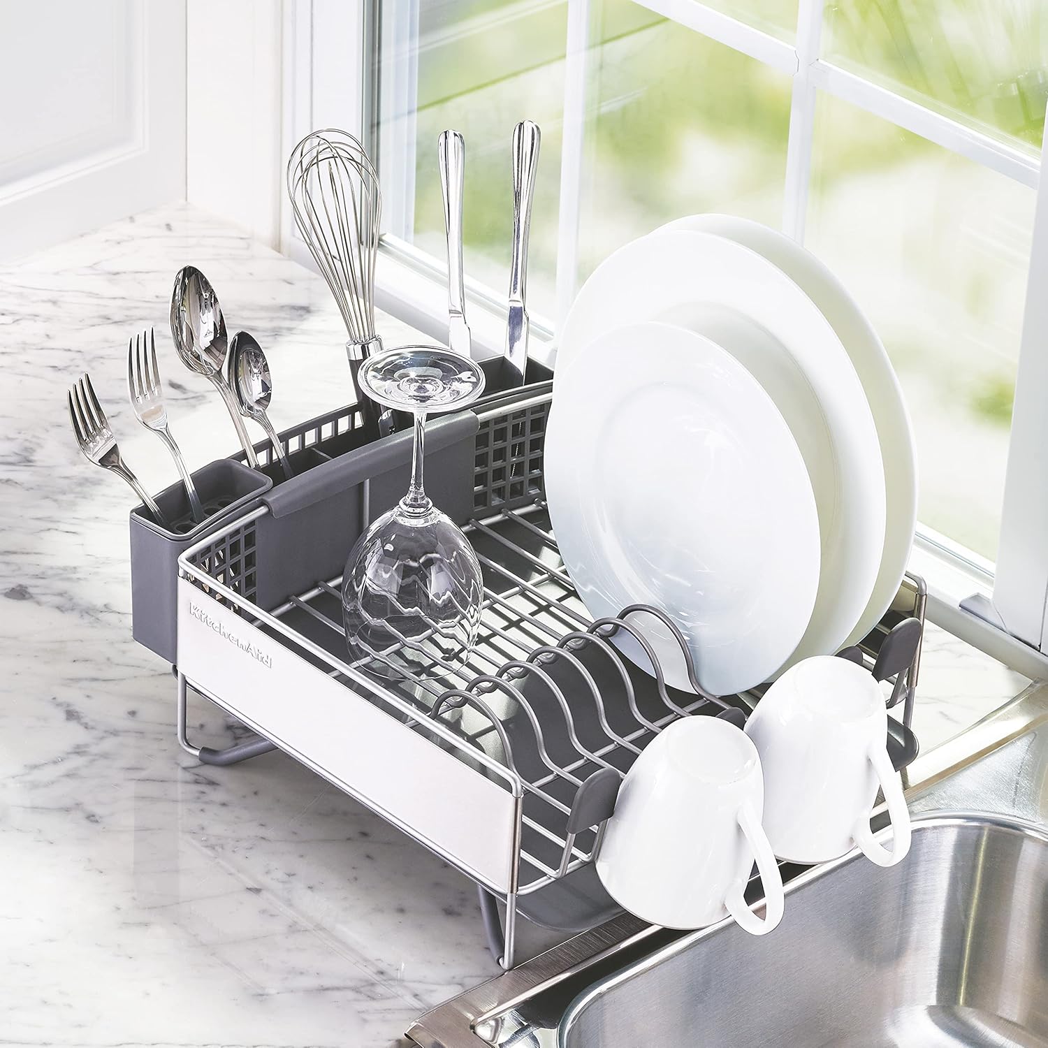 KitchenAid Compact Space Saving, Dish Rack with Removable Flatware Caddy and Angled Self Draining Drainboard, Satin Gray, 15-Inch-by-13.25-Inch image 4