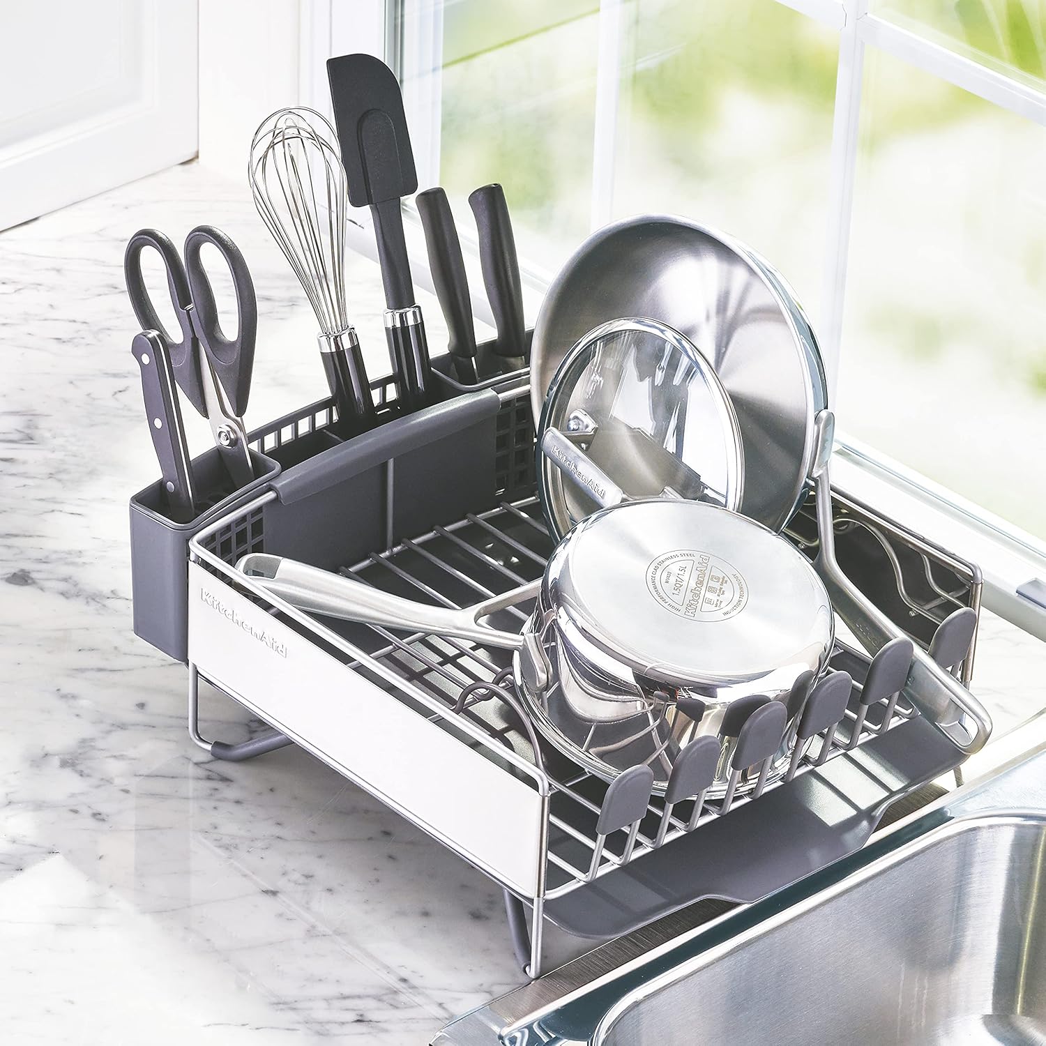 KitchenAid Compact Space Saving, Dish Rack with Removable Flatware Caddy and Angled Self Draining Drainboard, Satin Gray, 15-Inch-by-13.25-Inch image 5