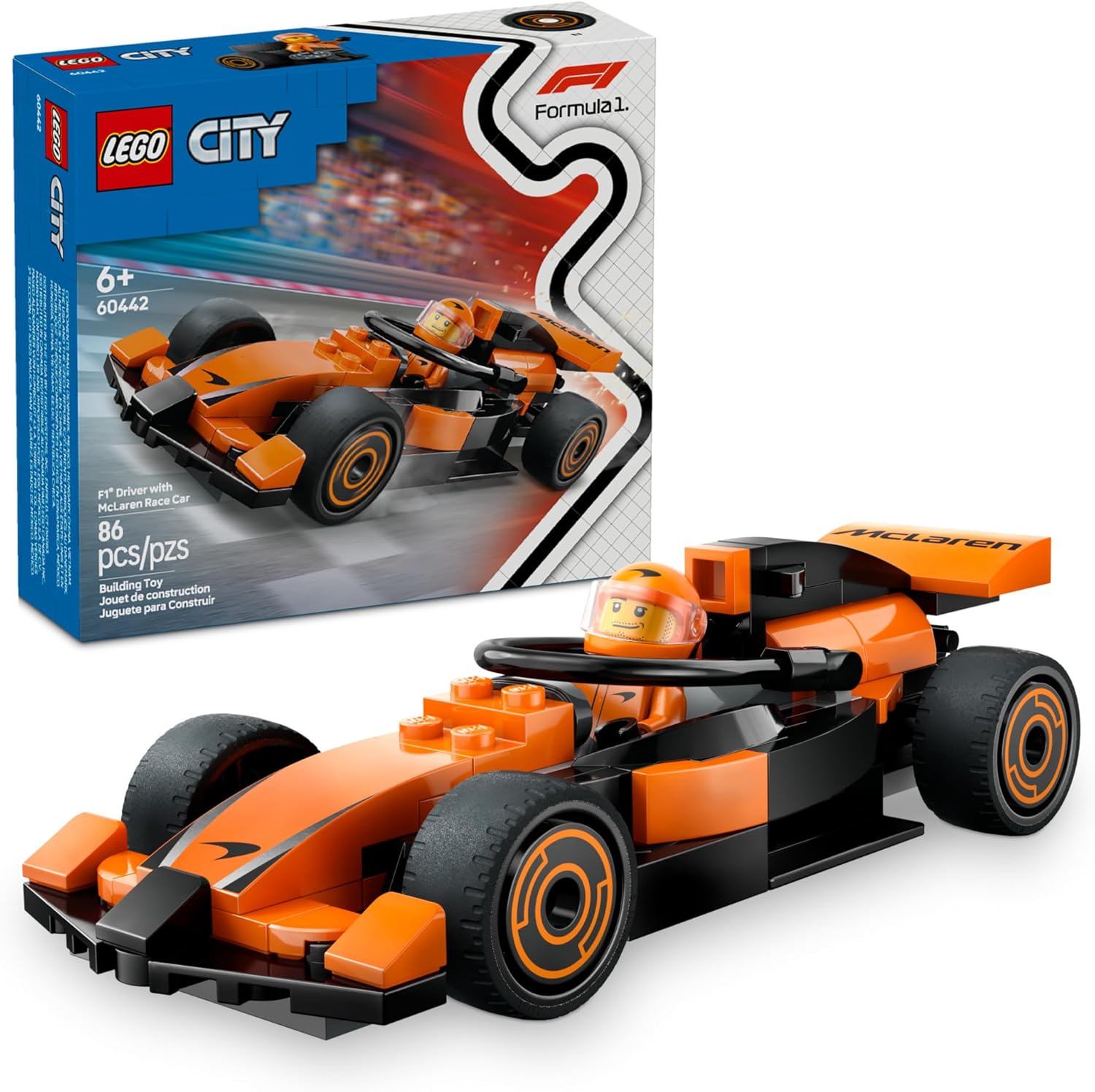 LEGO City F1 Driver with McLaren Race Car Toy - Model Car Building Toy Kit for Kids, Boys and Girls, Ages 6+ - F1 Collectible for Fans - with a Driver Minifigure - Gift Idea for Birthdays - 60442 image 1