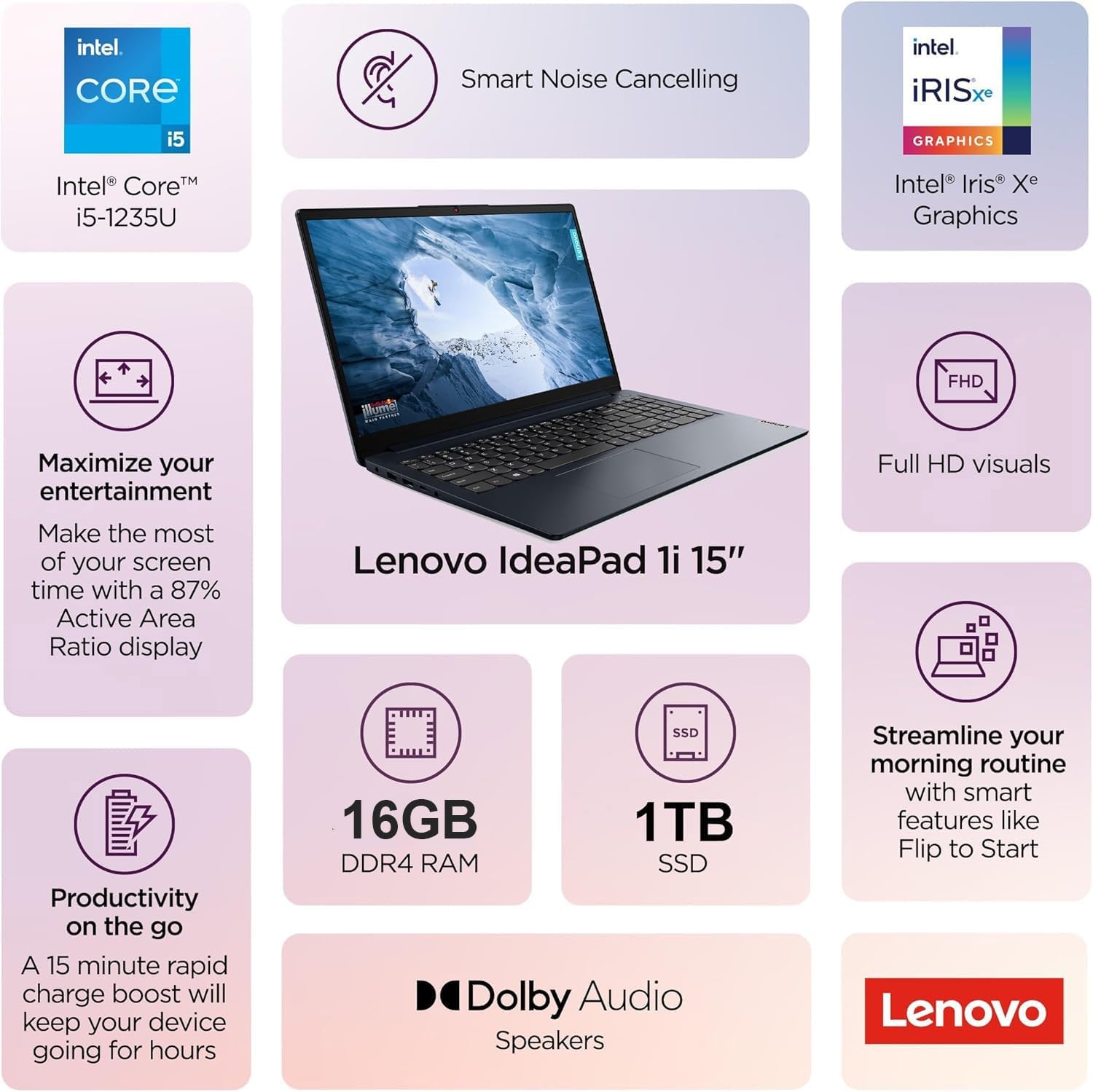 Lenovo IdeaPad (15.6" FHD Anti-Glare, Intel Core i5-1235U (> i7-1165G7), 16GB RAM, 1TB SSD), Laptop for Home, Student, Business, Webcam w/ Shutter, 10-Hour Long Battery Life, Win 11 Home in S Mode image 2