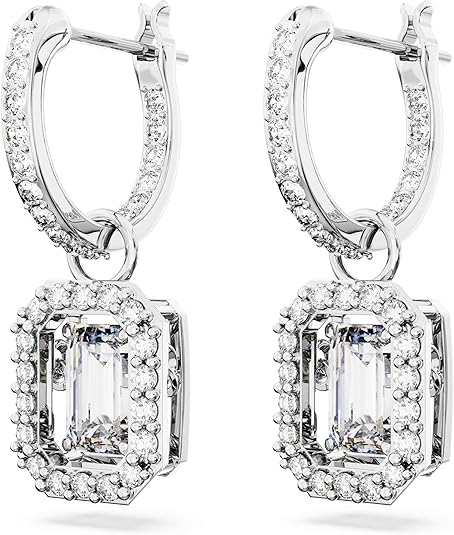 Swarovski Una Drop Earrings, Octagon Shaped, Violet and Clear Crystals in a Rhodium Plated Setting, from the Una Collection image 3