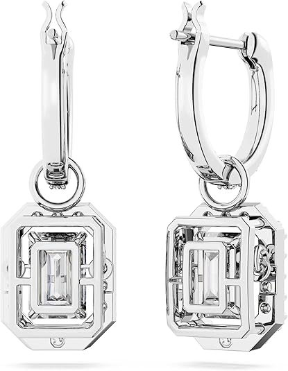 Swarovski Una Drop Earrings, Octagon Shaped, Violet and Clear Crystals in a Rhodium Plated Setting, from the Una Collection image 4
