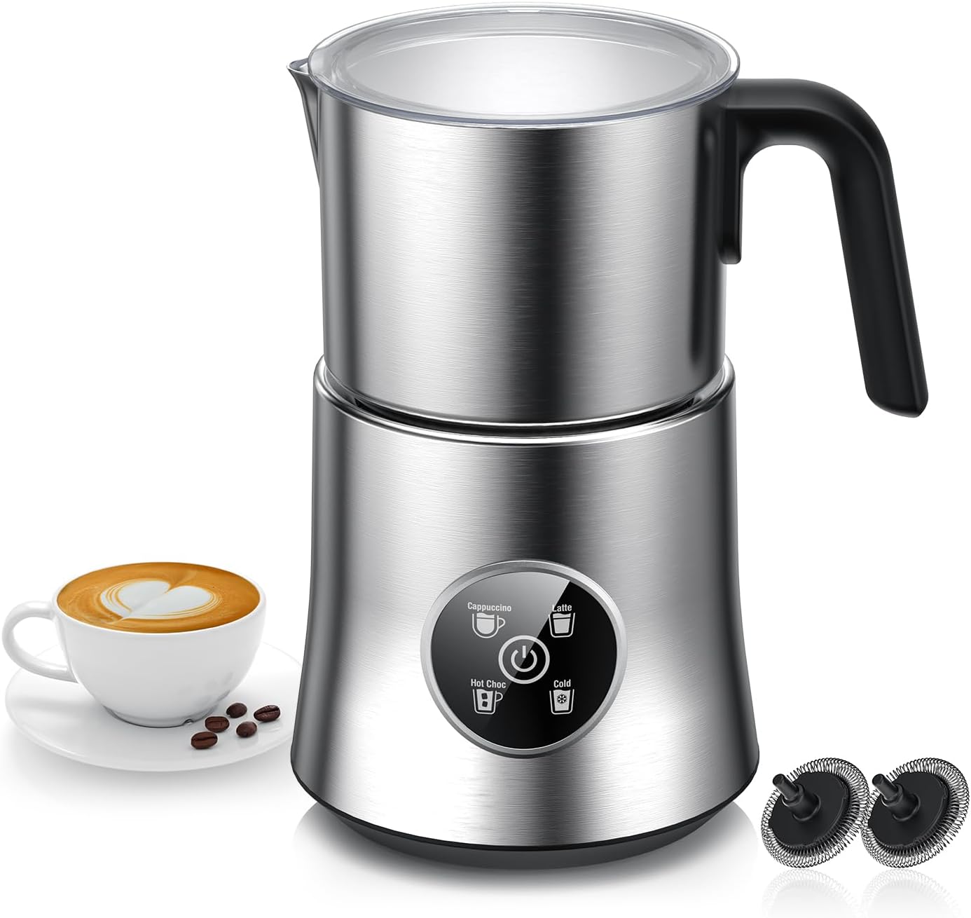 Milk Frother, Detachable Large-Capacity Electric Frother, Milk Steamer for Coffee, Cappuccino, Latte, Choc, Stainless Steel Jug, BPA-Free Transparent Lid image 1