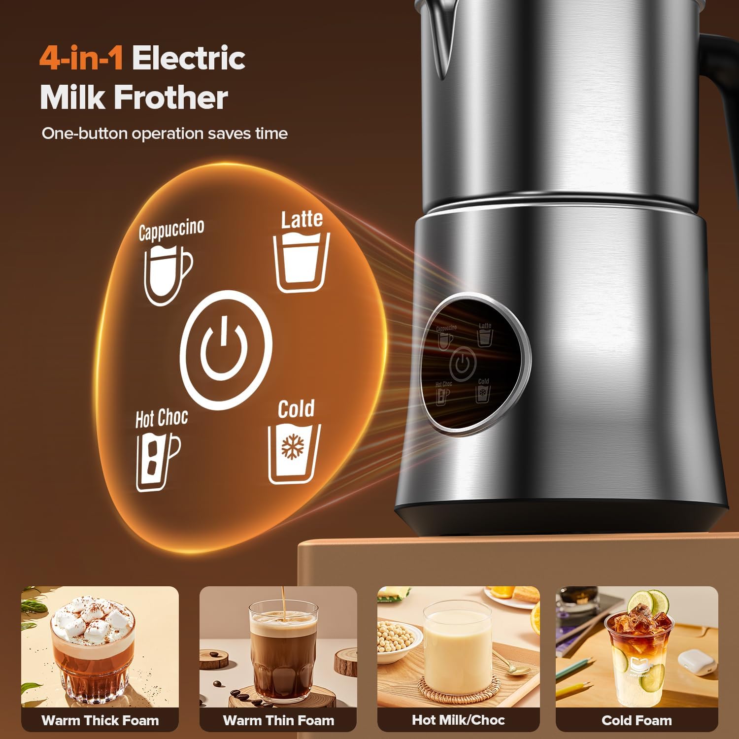 Milk Frother, Detachable Large-Capacity Electric Frother, Milk Steamer for Coffee, Cappuccino, Latte, Choc, Stainless Steel Jug, BPA-Free Transparent Lid image 2
