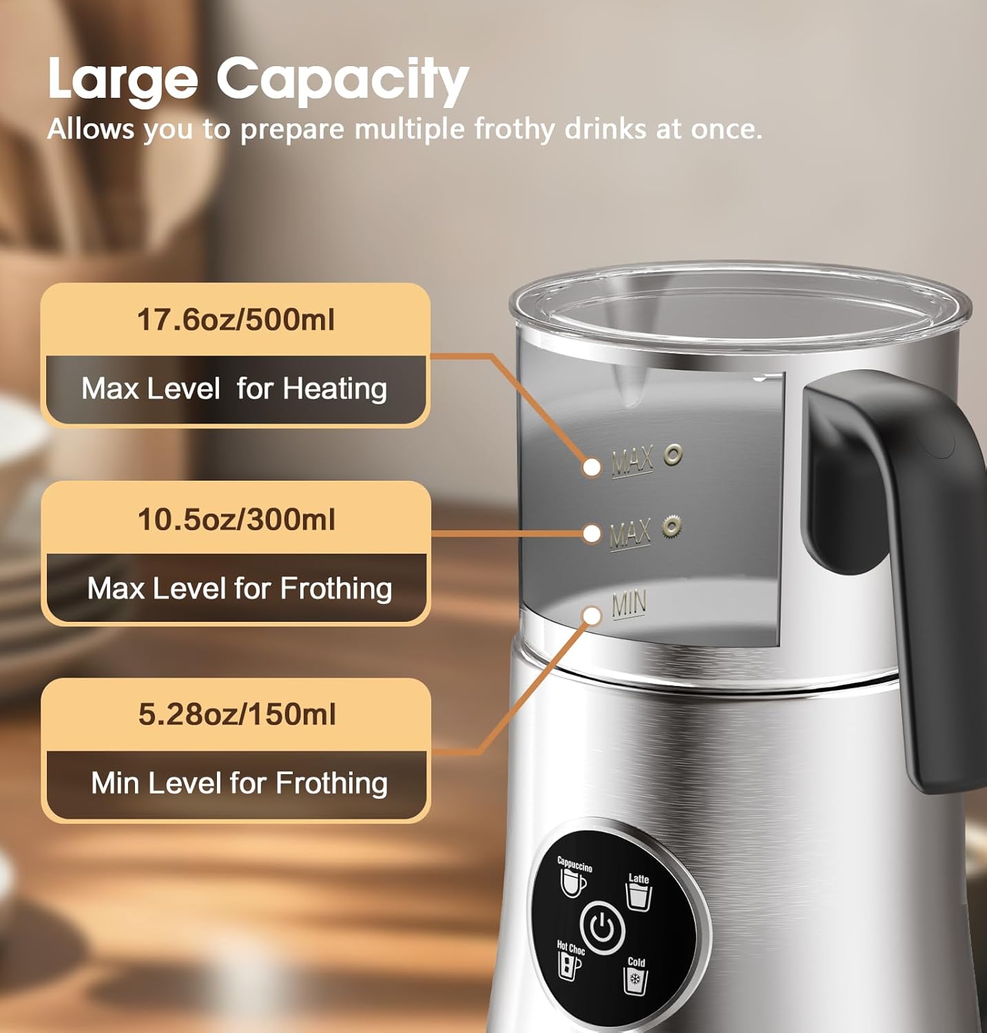 Milk Frother, Detachable Large-Capacity Electric Frother, Milk Steamer for Coffee, Cappuccino, Latte, Choc, Stainless Steel Jug, BPA-Free Transparent Lid image 3