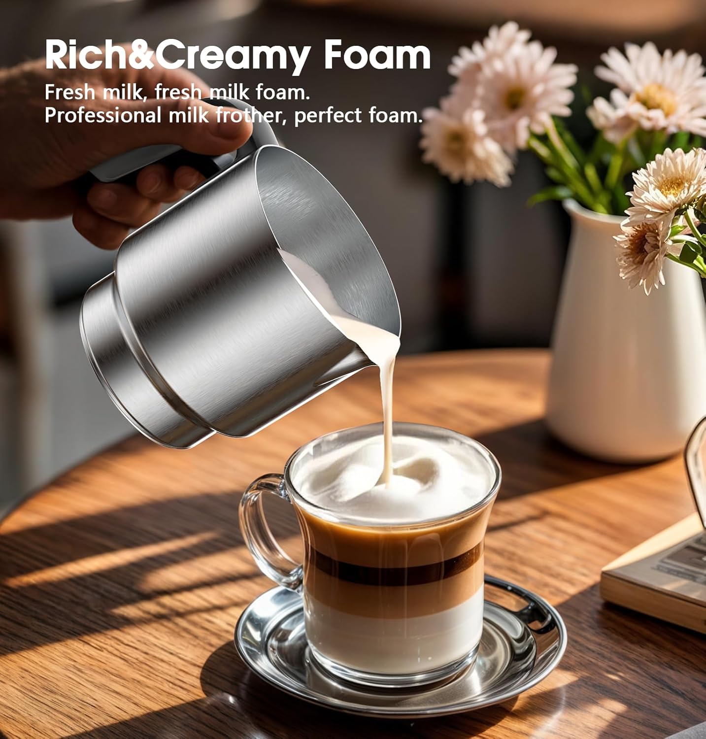 Milk Frother, Detachable Large-Capacity Electric Frother, Milk Steamer for Coffee, Cappuccino, Latte, Choc, Stainless Steel Jug, BPA-Free Transparent Lid image 4