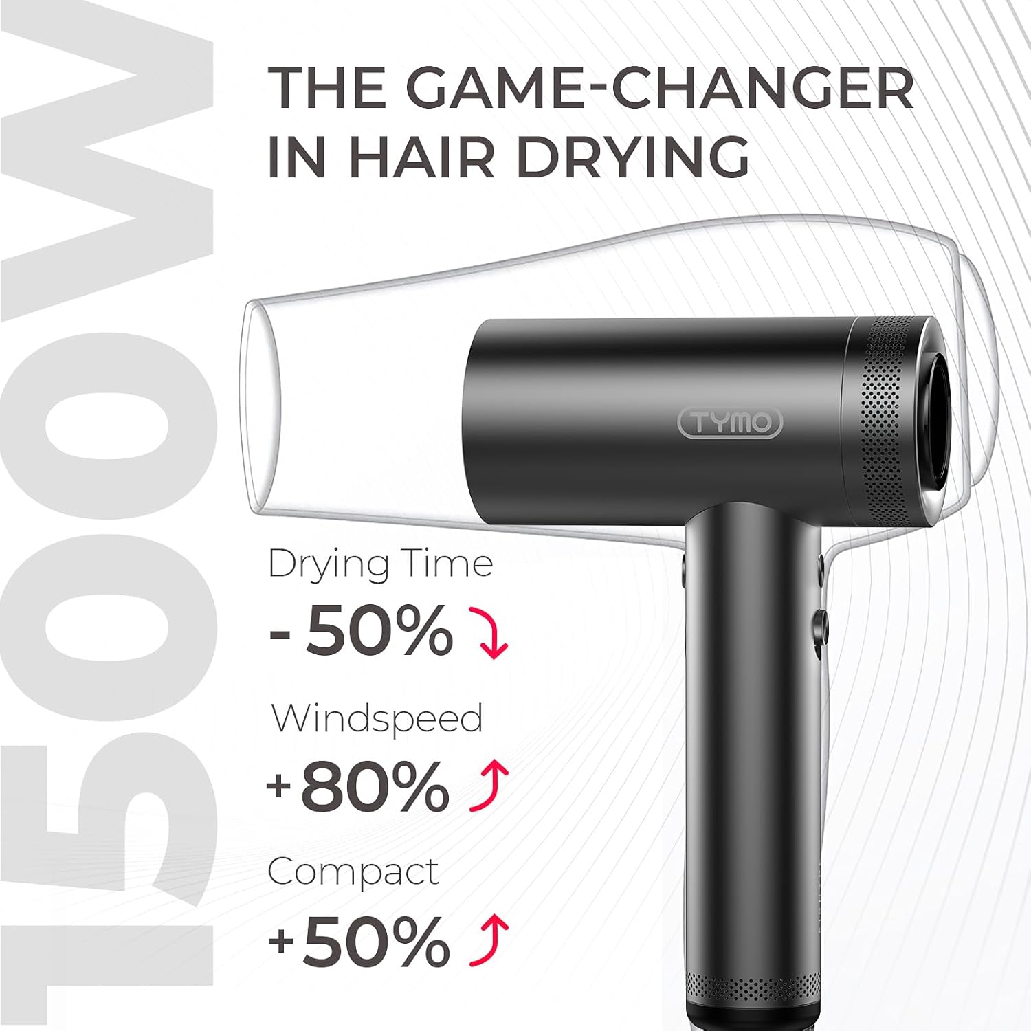 TYMO Hair Dryer with Diffuser for Women - 1500W Professional High Speed Blow Dryer with Comb, 110,000RPM Fast Dry, 200 Million Ionic Hairdryer, 4 Temps & 3 Speeds, 8 Ft Cord for Salon, Metal Gray image 3