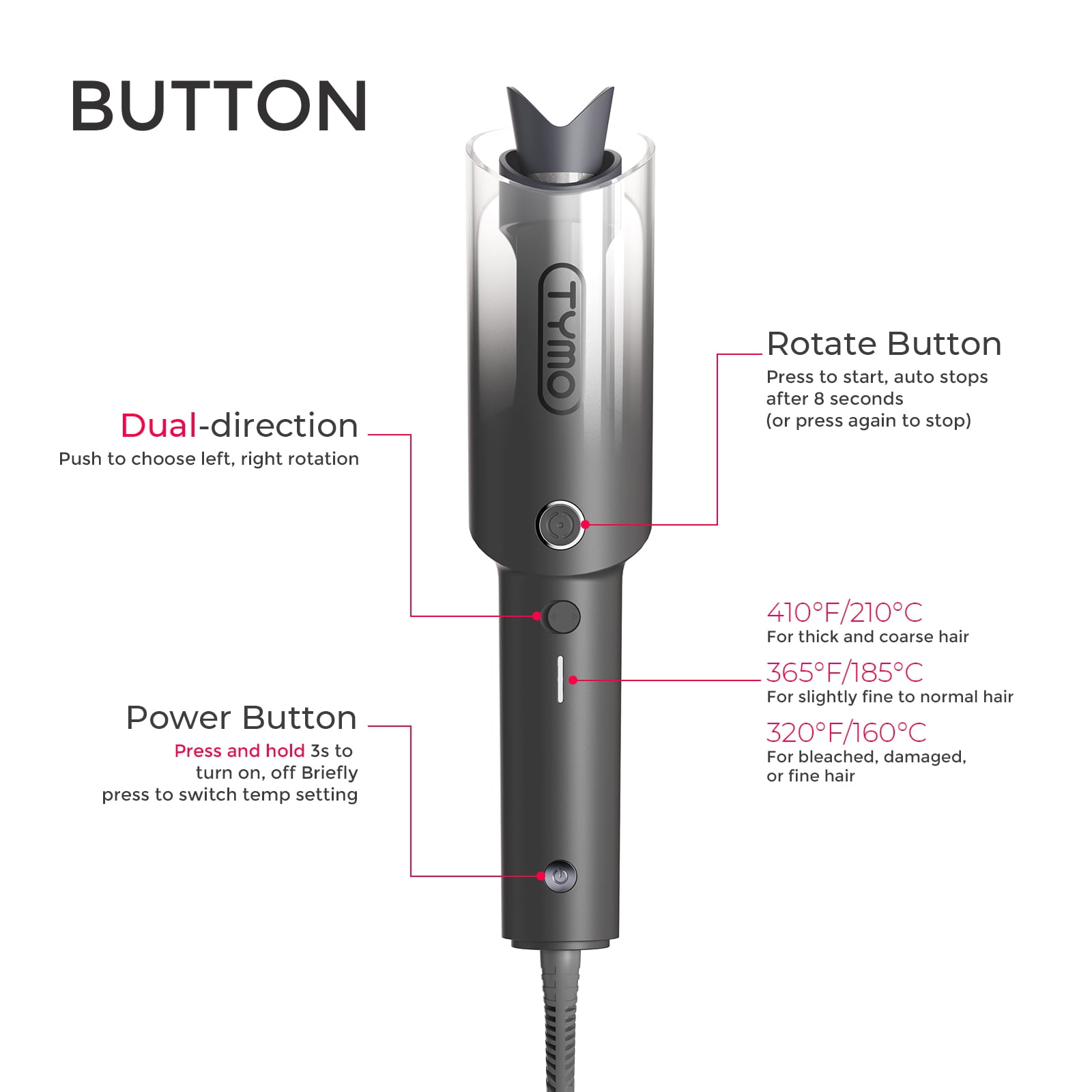 TYMO CURLPRO Automatic Curling Iron, Rotating Curling Wand for Lasting Beach Waves, 500M Ionic, Dual Voltage & Lightweight, 1 inch, Black Fade image 7