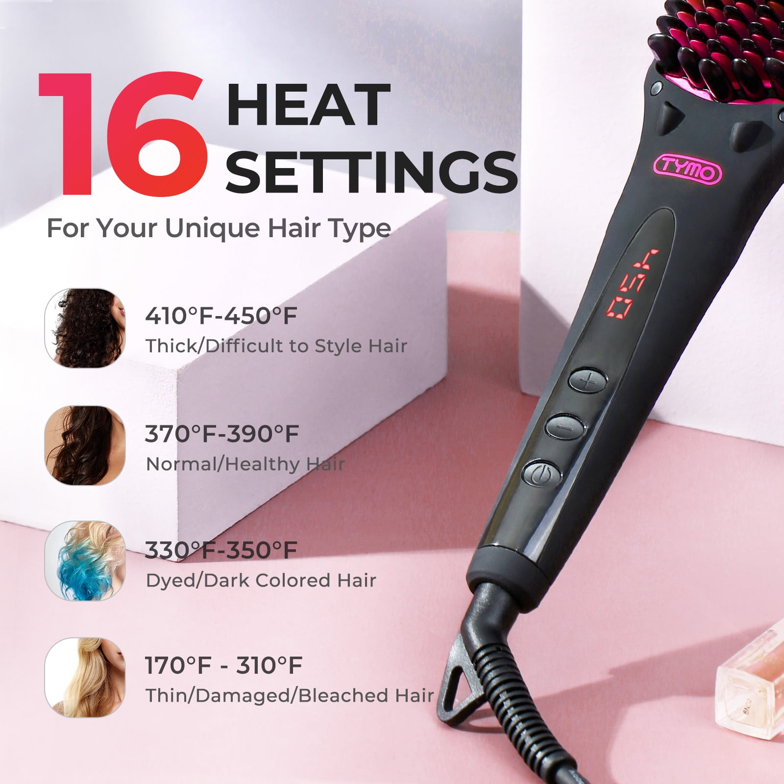 TYMO Ionic Hair Straightener Brush with 16 Temp Setting, LED Display Flat Iron Comb, Dual Voltage image 2