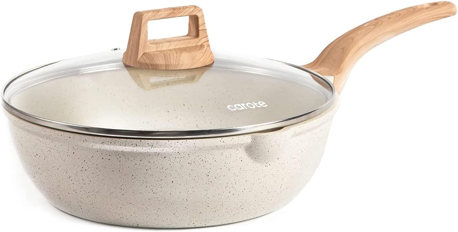 CAROTE 12Inch Nonstick Deep Frying Pan with Lid, 5.5 Qt Jumbo Cooker Saute Pan with Pour Spout, Skillet Induction Cookware, Non Stick Cooking Pan Kitchen Pan PFOA Free, White Granite image 1