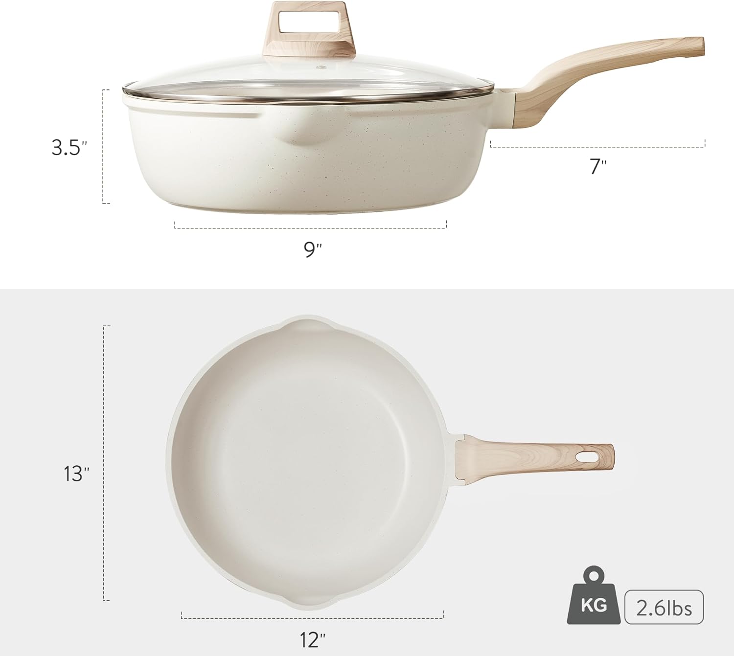 CAROTE 12Inch Nonstick Deep Frying Pan with Lid, 5.5 Qt Jumbo Cooker Saute Pan with Pour Spout, Skillet Induction Cookware, Non Stick Cooking Pan Kitchen Pan PFOA Free, White Granite image 2
