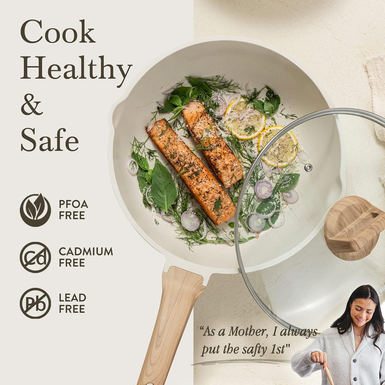 CAROTE 12Inch Nonstick Deep Frying Pan with Lid, 5.5 Qt Jumbo Cooker Saute Pan with Pour Spout, Skillet Induction Cookware, Non Stick Cooking Pan Kitchen Pan PFOA Free, White Granite image 5