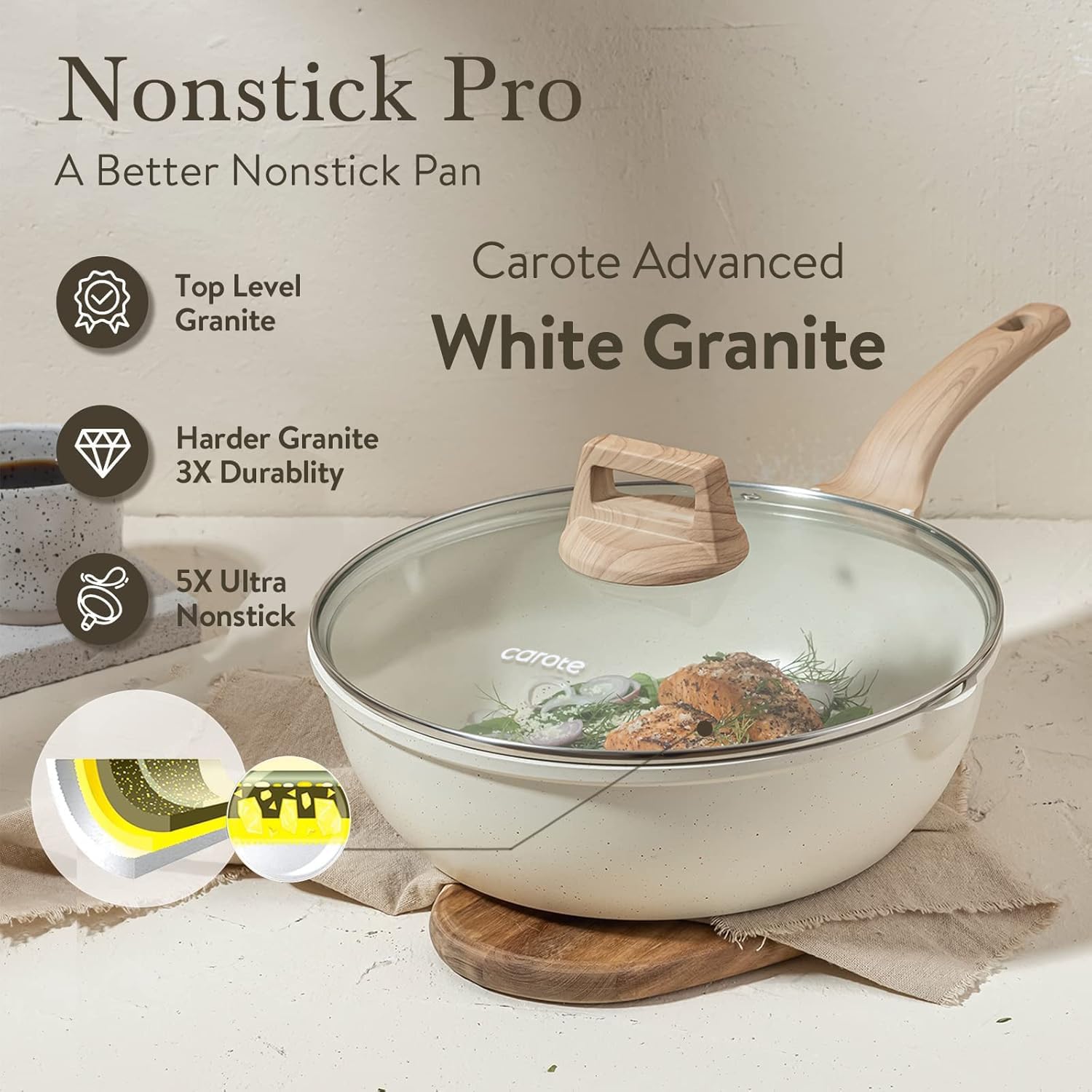 CAROTE 12Inch Nonstick Deep Frying Pan with Lid, 5.5 Qt Jumbo Cooker Saute Pan with Pour Spout, Skillet Induction Cookware, Non Stick Cooking Pan Kitchen Pan PFOA Free, White Granite image 7