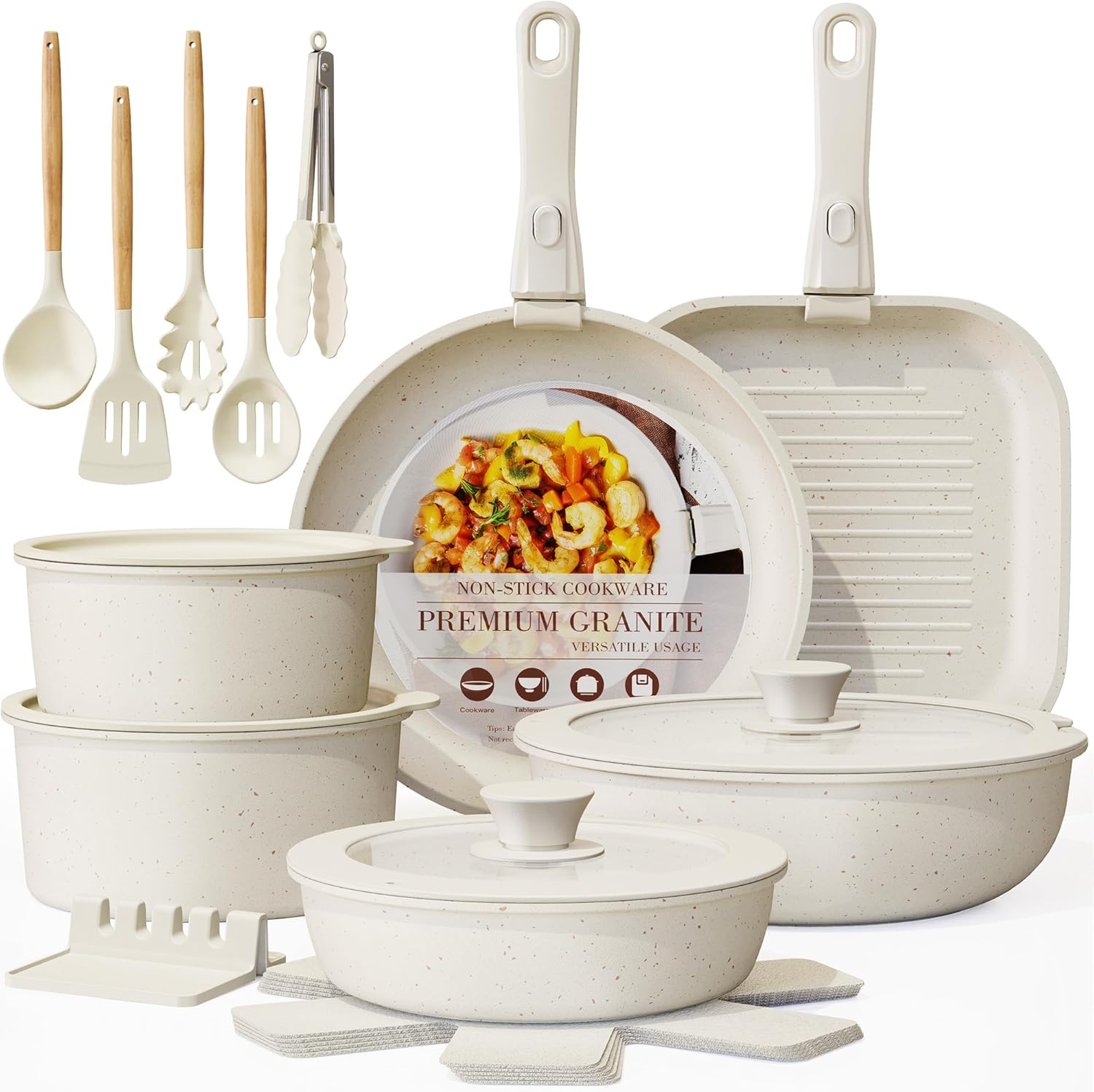 Astercook 23 Pcs Pots and Pans Set Non Stick, Ceramic Cookware Set Detachable Handle, RV Kitchen Cooking Set Removable Handles, Oven Safe, Induction Ready, Stackable Non-stick Set, Cream White image 1