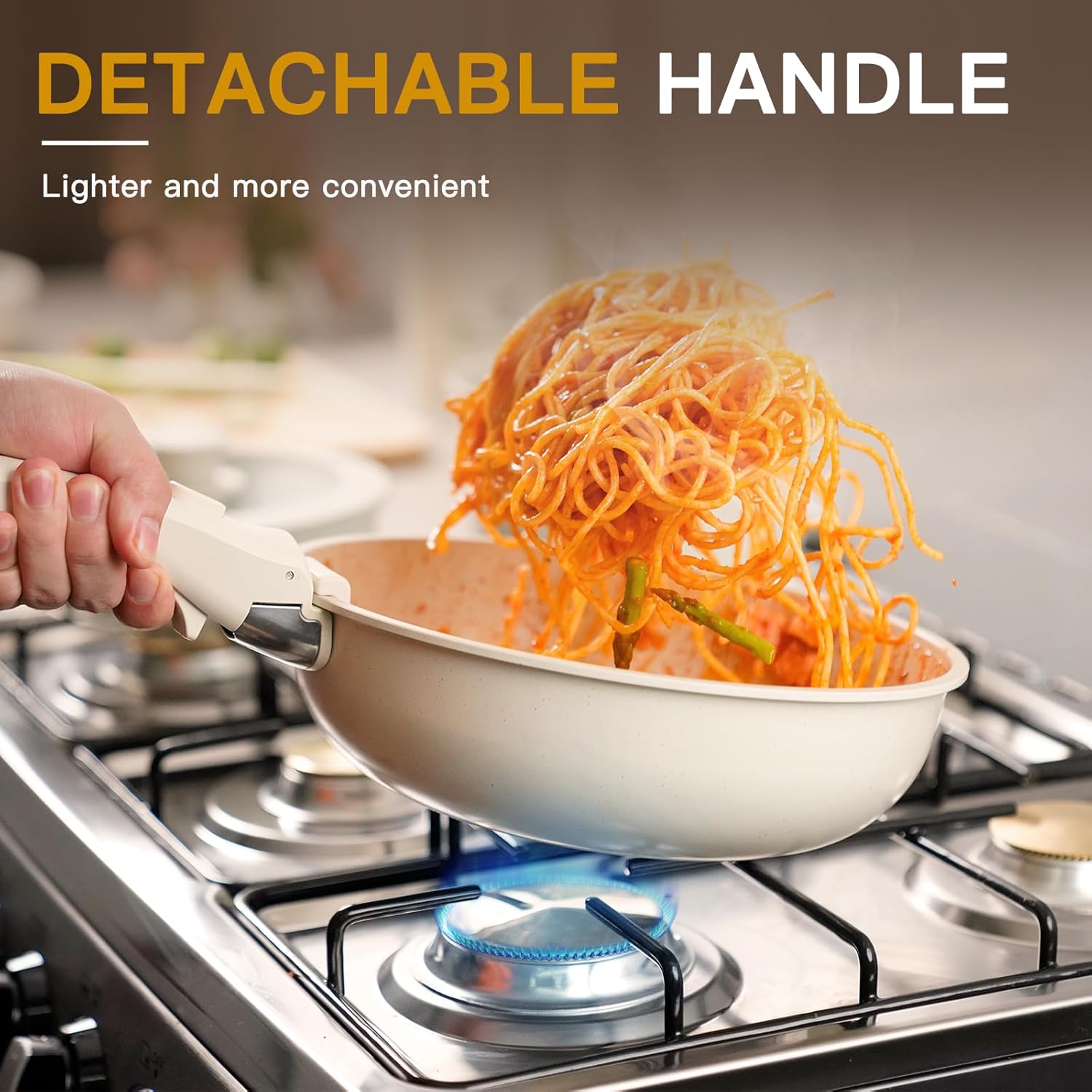 Astercook 23 Pcs Pots and Pans Set Non Stick, Ceramic Cookware Set Detachable Handle, RV Kitchen Cooking Set Removable Handles, Oven Safe, Induction Ready, Stackable Non-stick Set, Cream White image 2