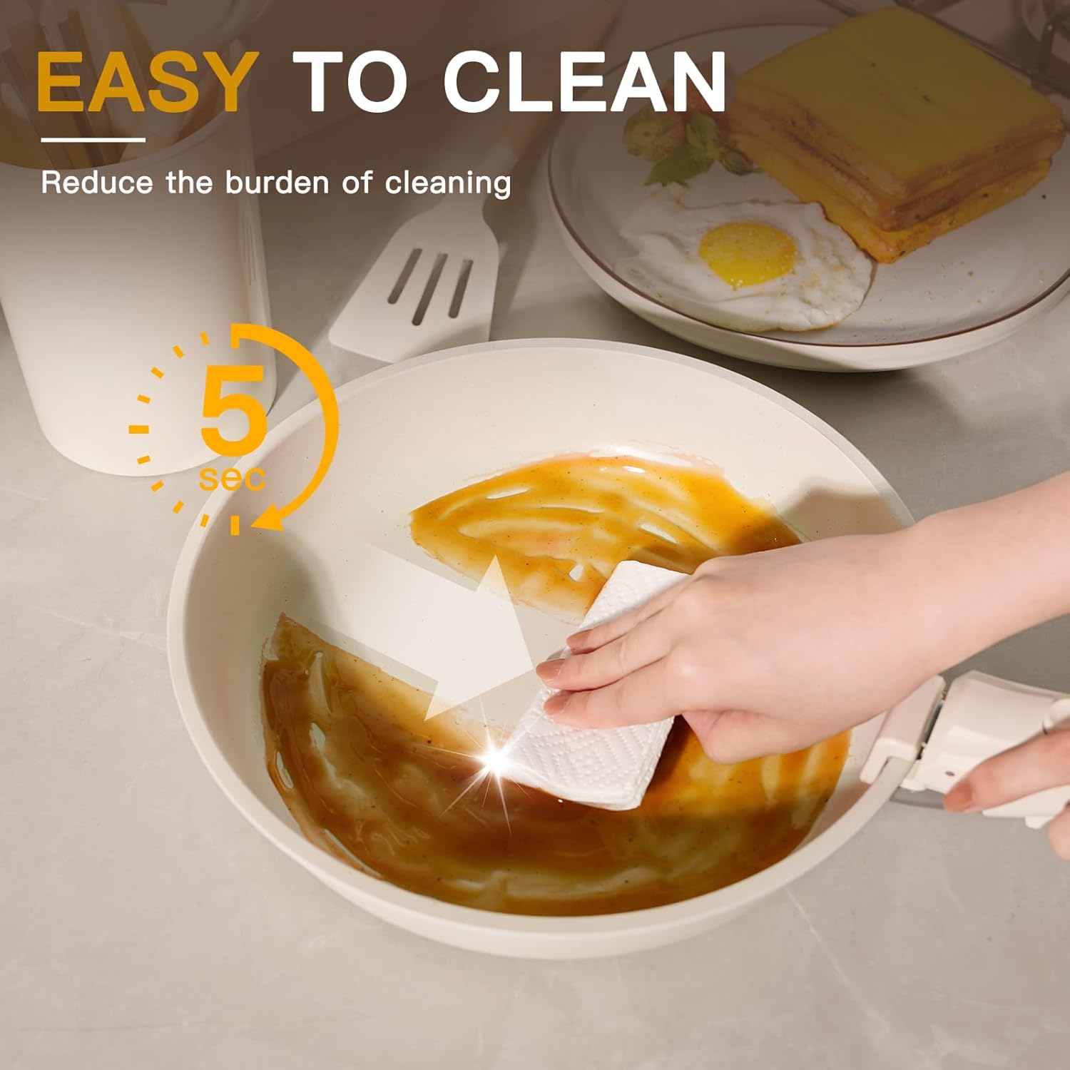 Astercook 23 Pcs Pots and Pans Set Non Stick, Ceramic Cookware Set Detachable Handle, RV Kitchen Cooking Set Removable Handles, Oven Safe, Induction Ready, Stackable Non-stick Set, Cream White image 5