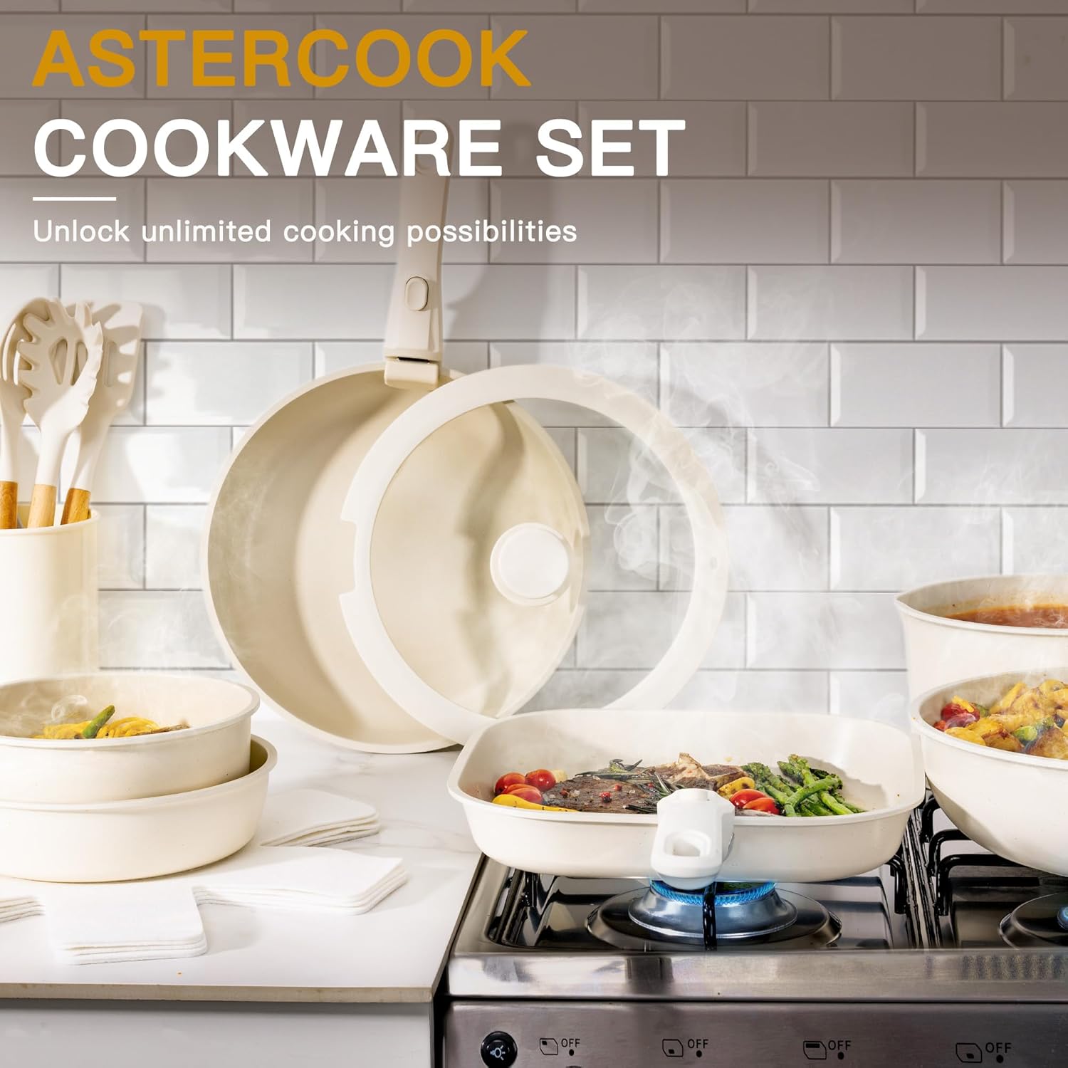 Astercook 23 Pcs Pots and Pans Set Non Stick, Ceramic Cookware Set Detachable Handle, RV Kitchen Cooking Set Removable Handles, Oven Safe, Induction Ready, Stackable Non-stick Set, Cream White image 7