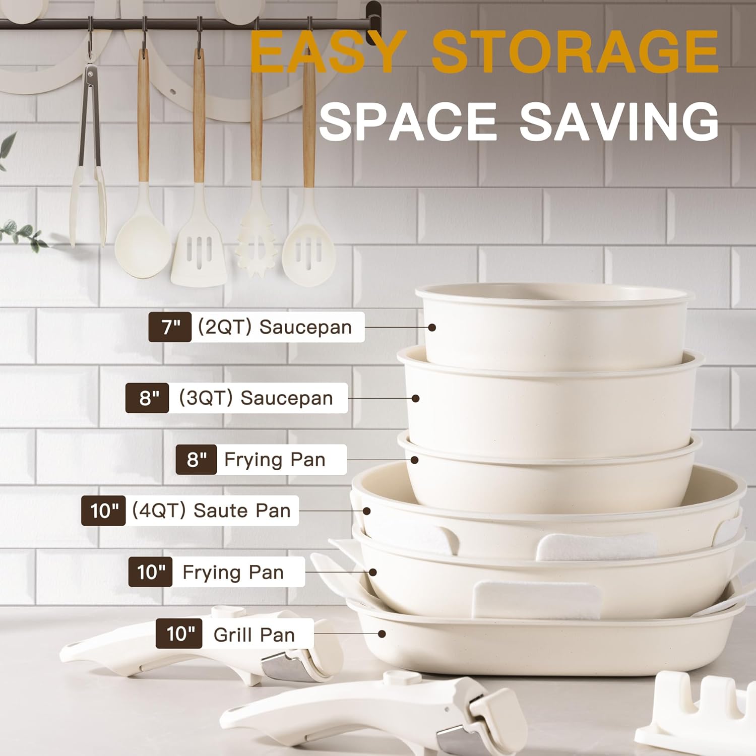 Astercook 23 Pcs Pots and Pans Set Non Stick, Ceramic Cookware Set Detachable Handle, RV Kitchen Cooking Set Removable Handles, Oven Safe, Induction Ready, Stackable Non-stick Set, Cream White image 9