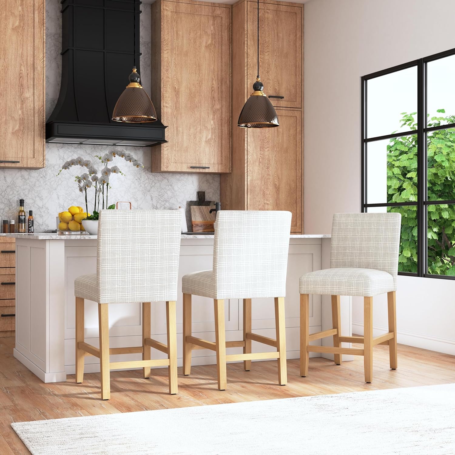 HomePop Home Decor | Classic Counter Height Bar Stools | 24 Inch Bar Stools | Decorative Home Furniture, Cream Mini Grid Pattern image 2