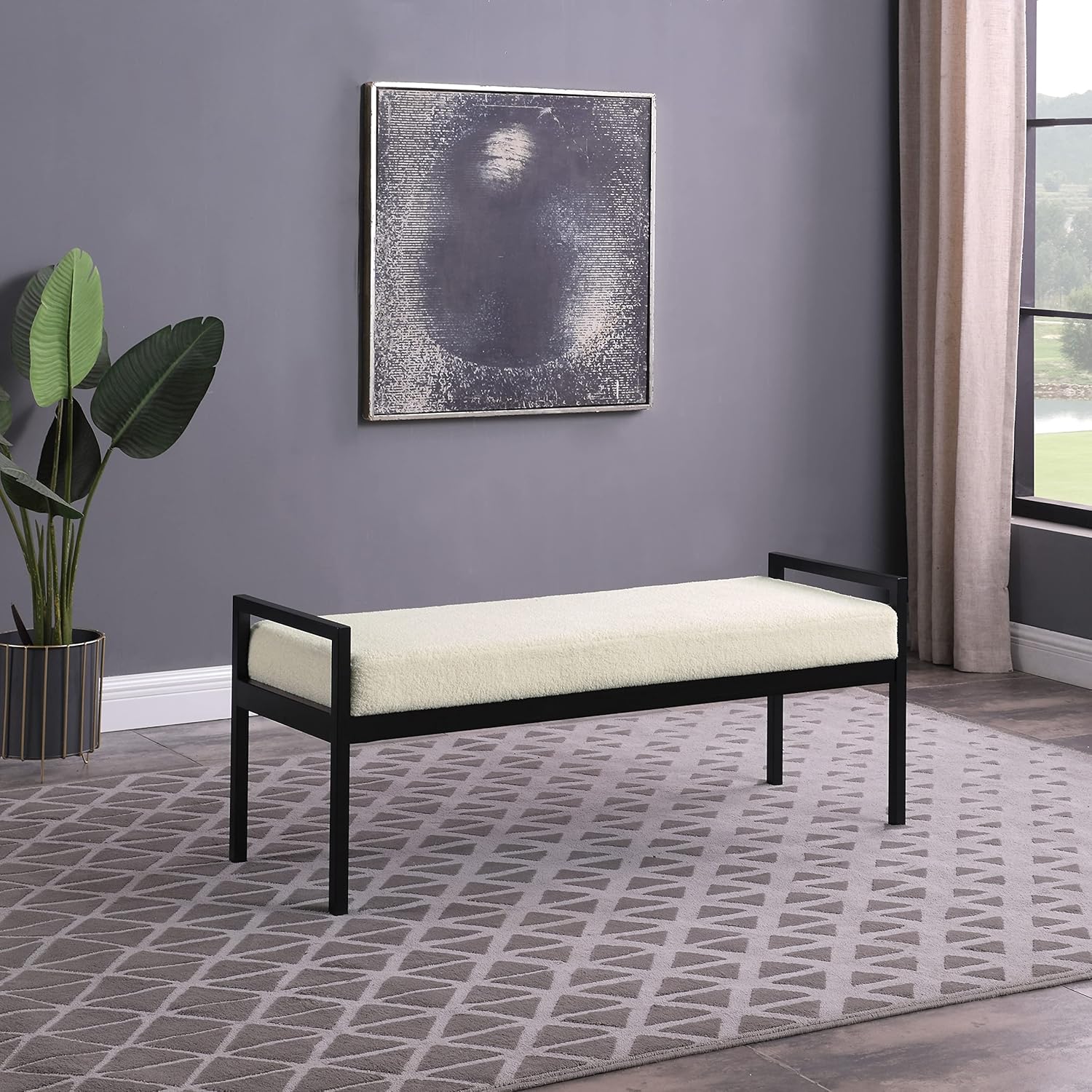 HomePop Modern Metal Bench|Bench for Living Room & Bedroom | Decorative Home Furniture -Sherpa Cream image 2