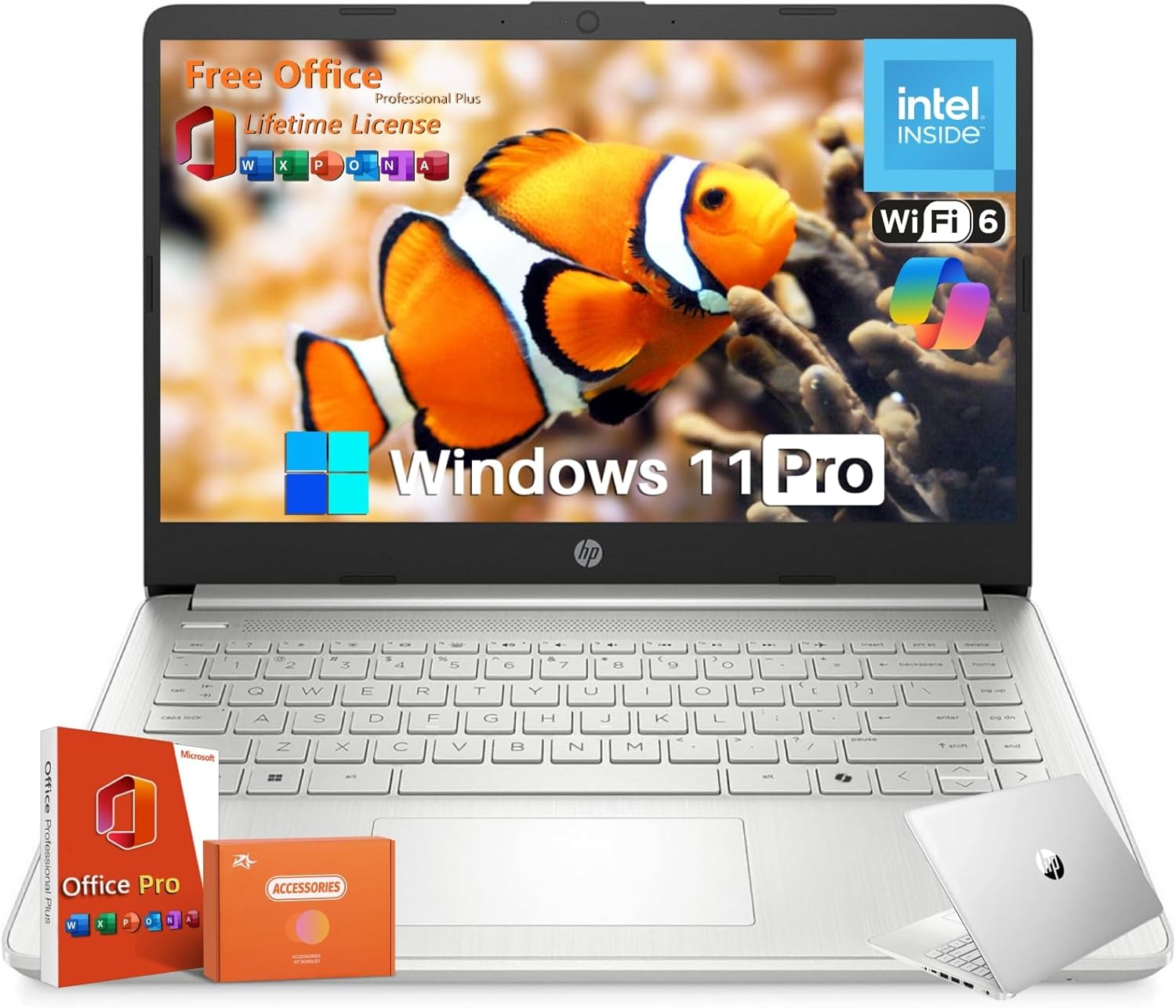 HP 2025 14 inch HD Laptop, Office Pro Lifetime License, Intel Processor N150, 16 GB RAM, 384 GB Storage(128GB UFS+256GB MSD), Copilot AI, Wi-Fi 6, Lightweight, Windows 11 Pro, w/Accessories image 1