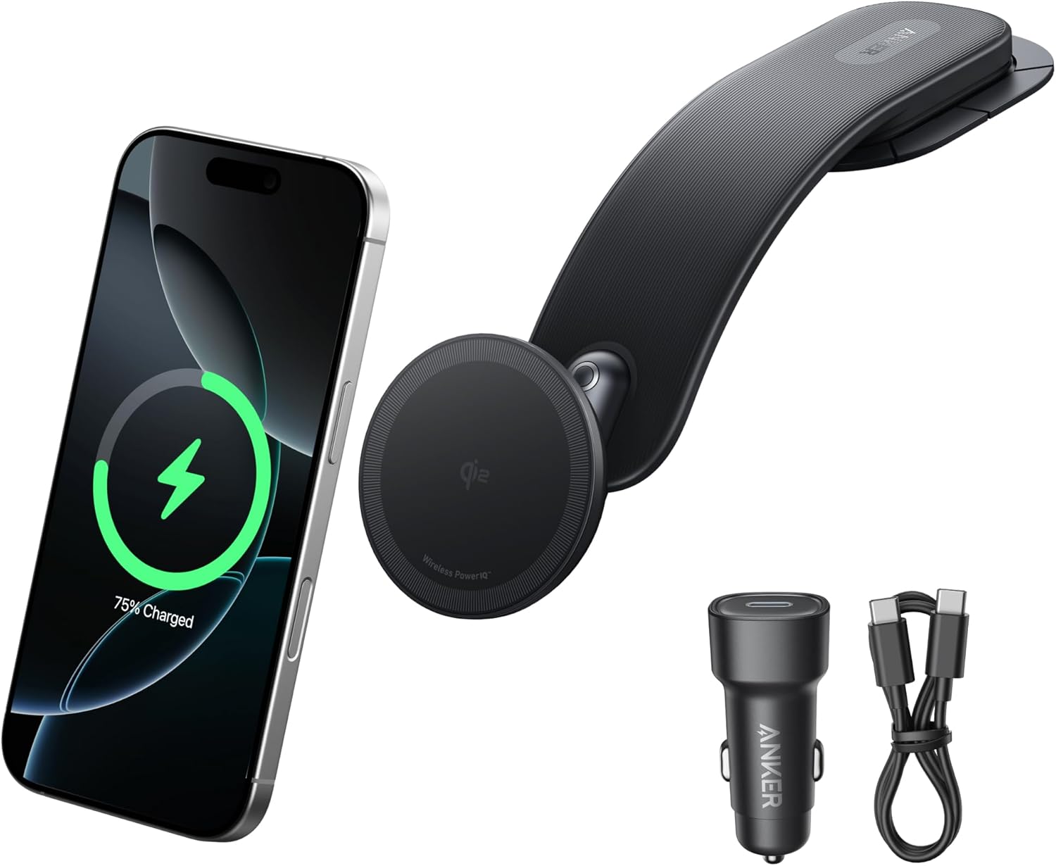Anker Nano Magnetic Wireless Car Charger, 360° Adjustable Mount Car Charger with Detachable Pad, 15W Qi2 Certified with Alloy Bracket, Fast Charging for iPhone 16/15/14/13/12 Series (Adapter Included) image 1
