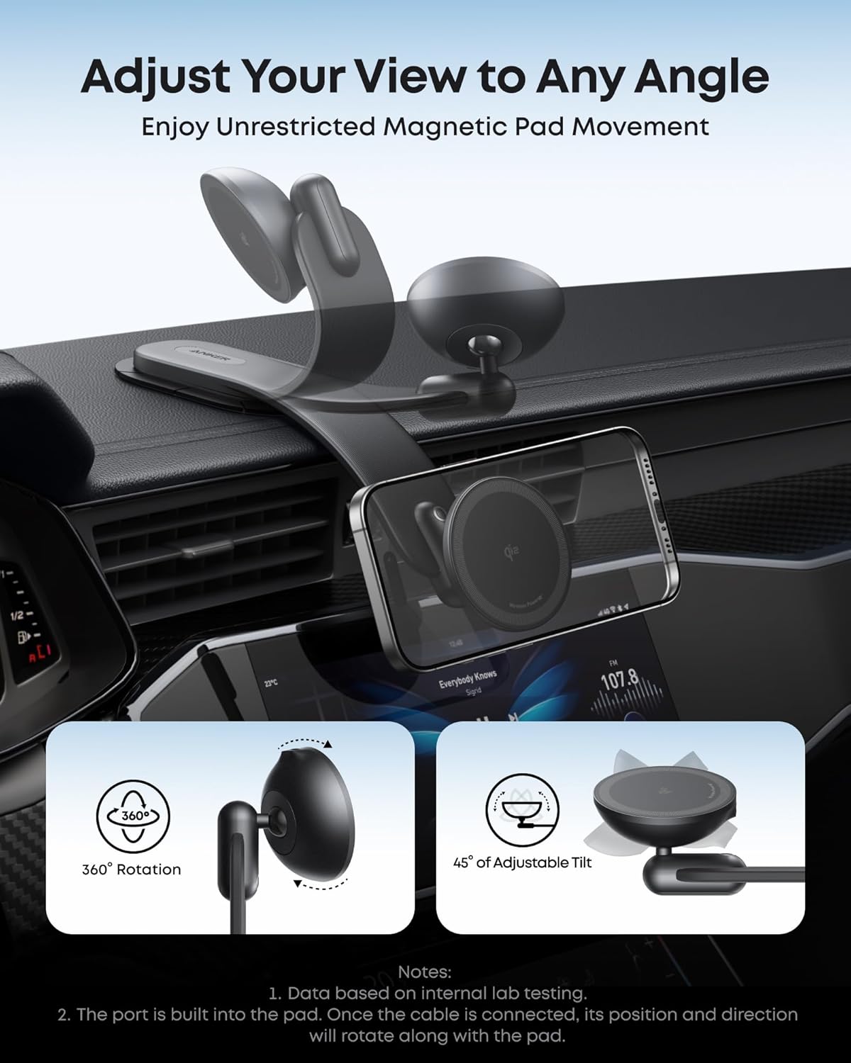 Anker Nano Magnetic Wireless Car Charger, 360° Adjustable Mount Car Charger with Detachable Pad, 15W Qi2 Certified with Alloy Bracket, Fast Charging for iPhone 16/15/14/13/12 Series (Adapter Included) image 4