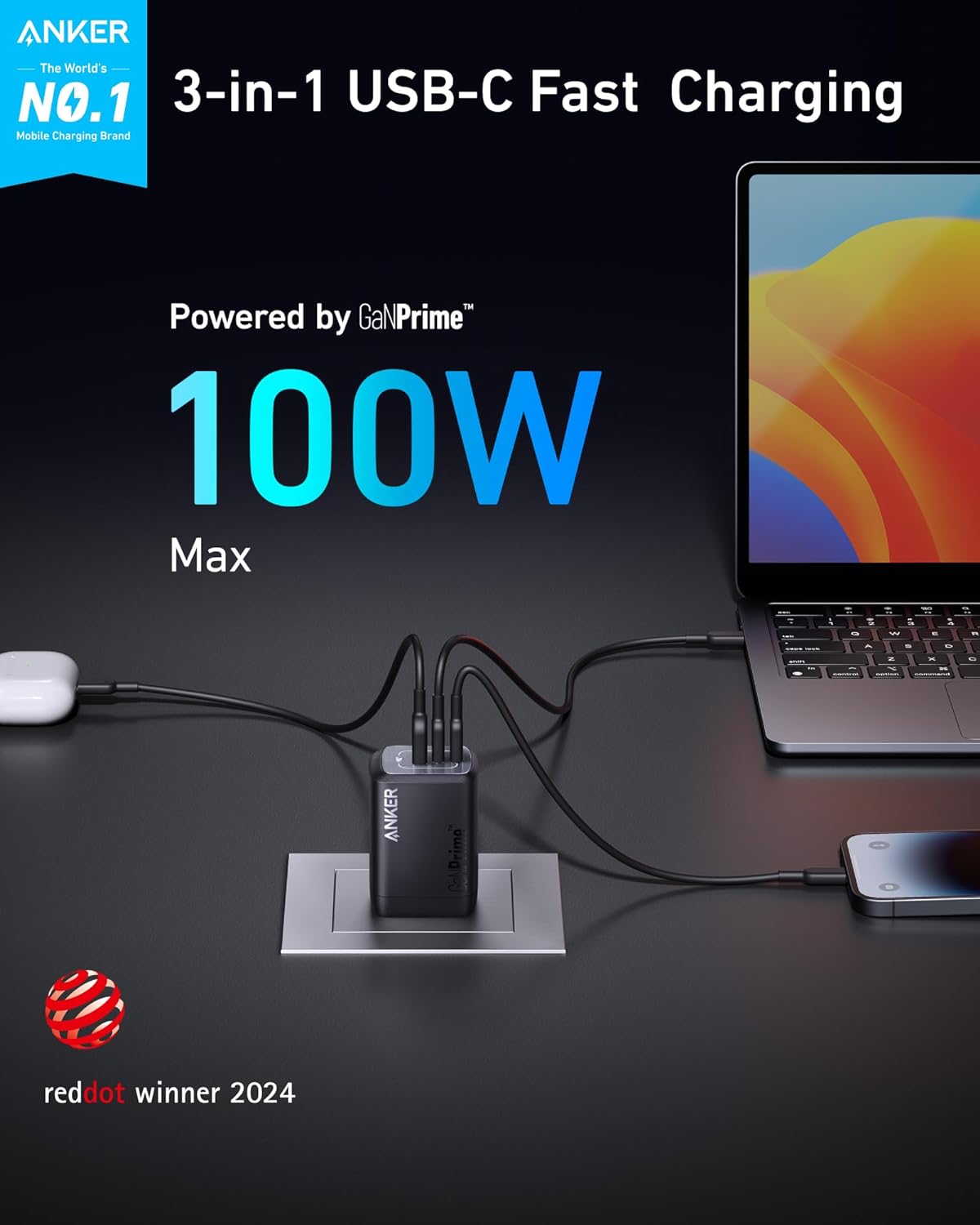 Anker Prime 100W USB C GaN Charger, 3-Port Compact Fast PPS Charger, for MacBook Pro/Air, Pixelbook, iPad, iPhone 16/Pro, Galaxy S23/S22, Note20, Pixel, Apple Watch, and More image 2