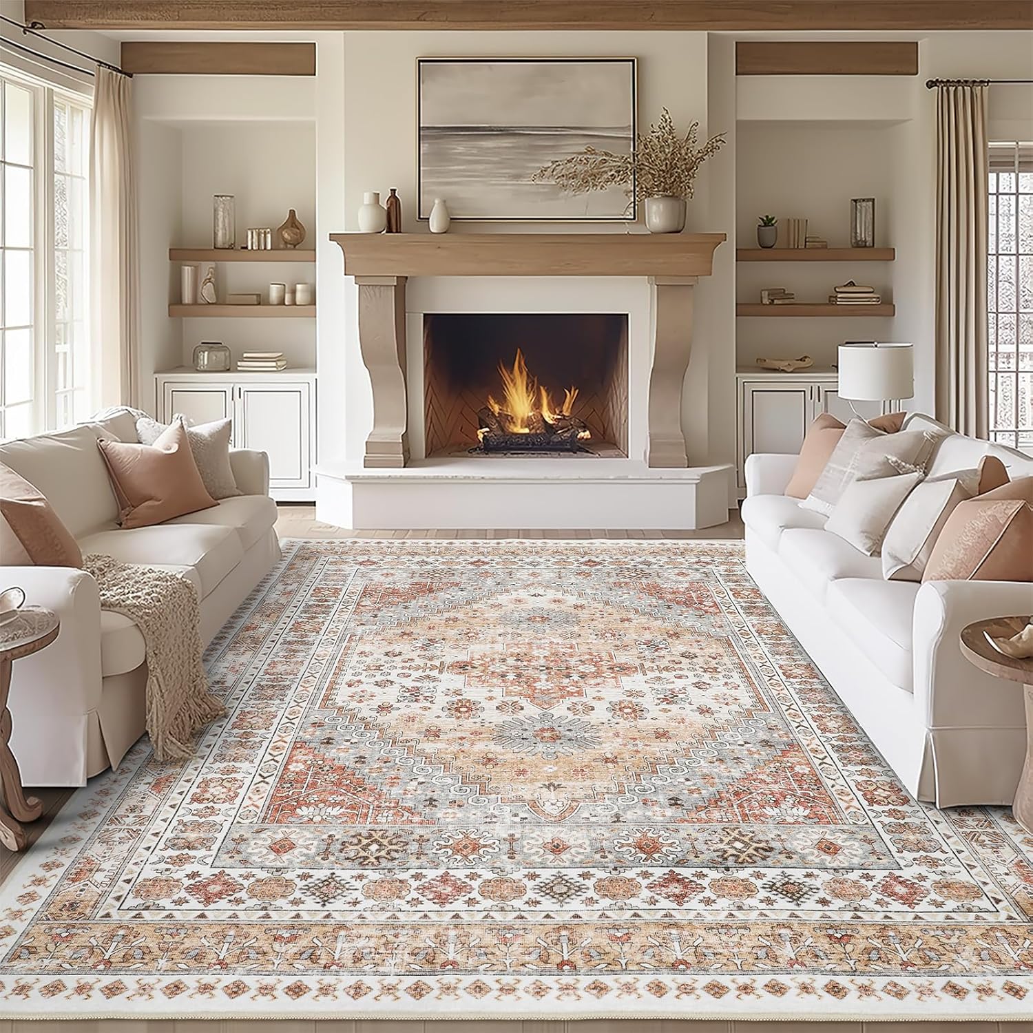 zesthome 8x10 Area Rugs for Living Room,Non-Slip Backing Washable Rugs,Vintage Large Area Rug，Stain Resistant Home Decor Rug (Orange,8'x10') image 1