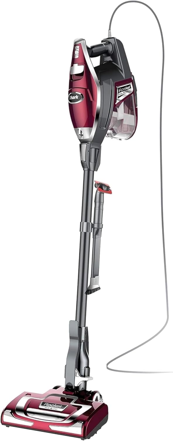 Shark HV322 Rocket Deluxe Pro Corded Stick Vacuum with LED Headlights, XL Dust Cup, Lightweight, Perfect for Pet Hair Pickup, Converts to a Hand Vacuum, with Pet Attachments, Bordeaux/Silver image 1