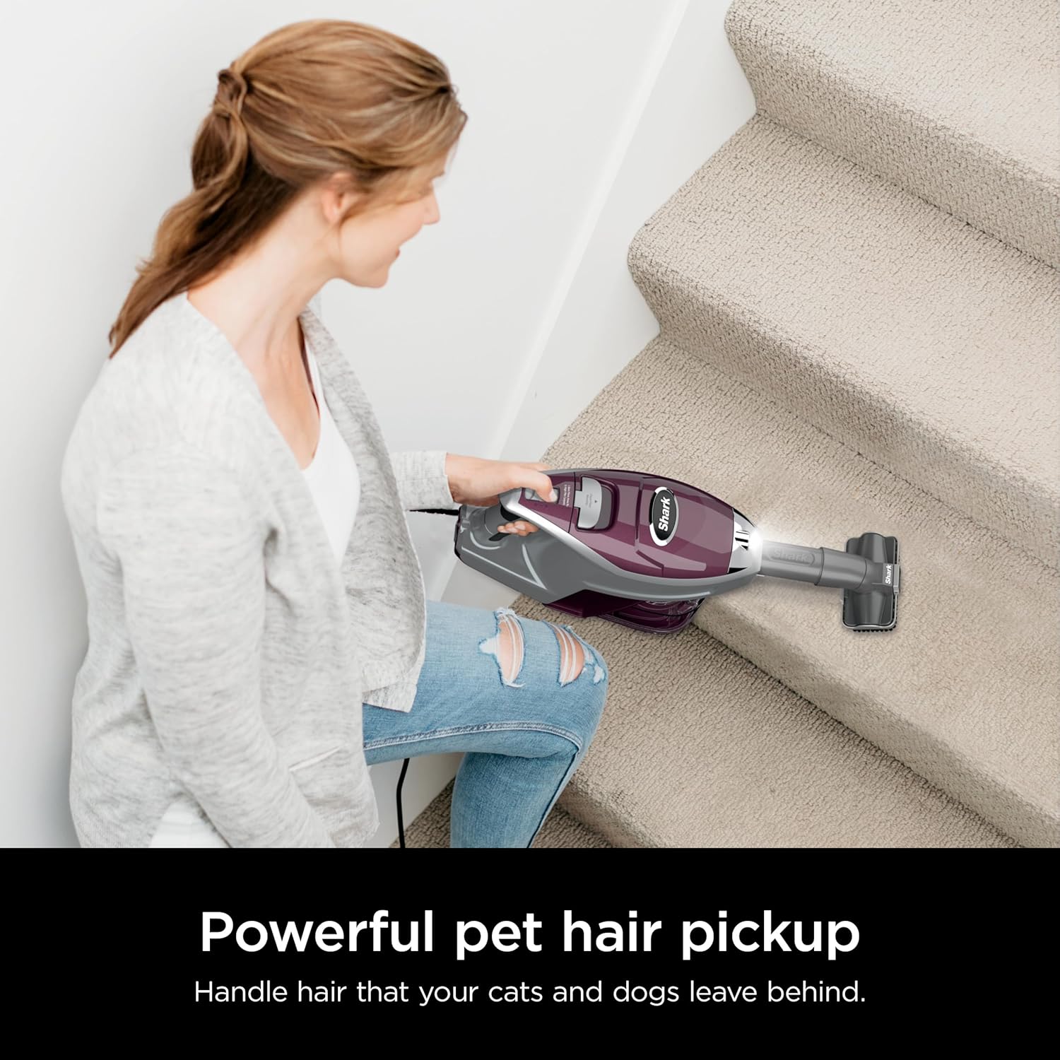 Shark HV322 Rocket Deluxe Pro Corded Stick Vacuum with LED Headlights, XL Dust Cup, Lightweight, Perfect for Pet Hair Pickup, Converts to a Hand Vacuum, with Pet Attachments, Bordeaux/Silver image 4