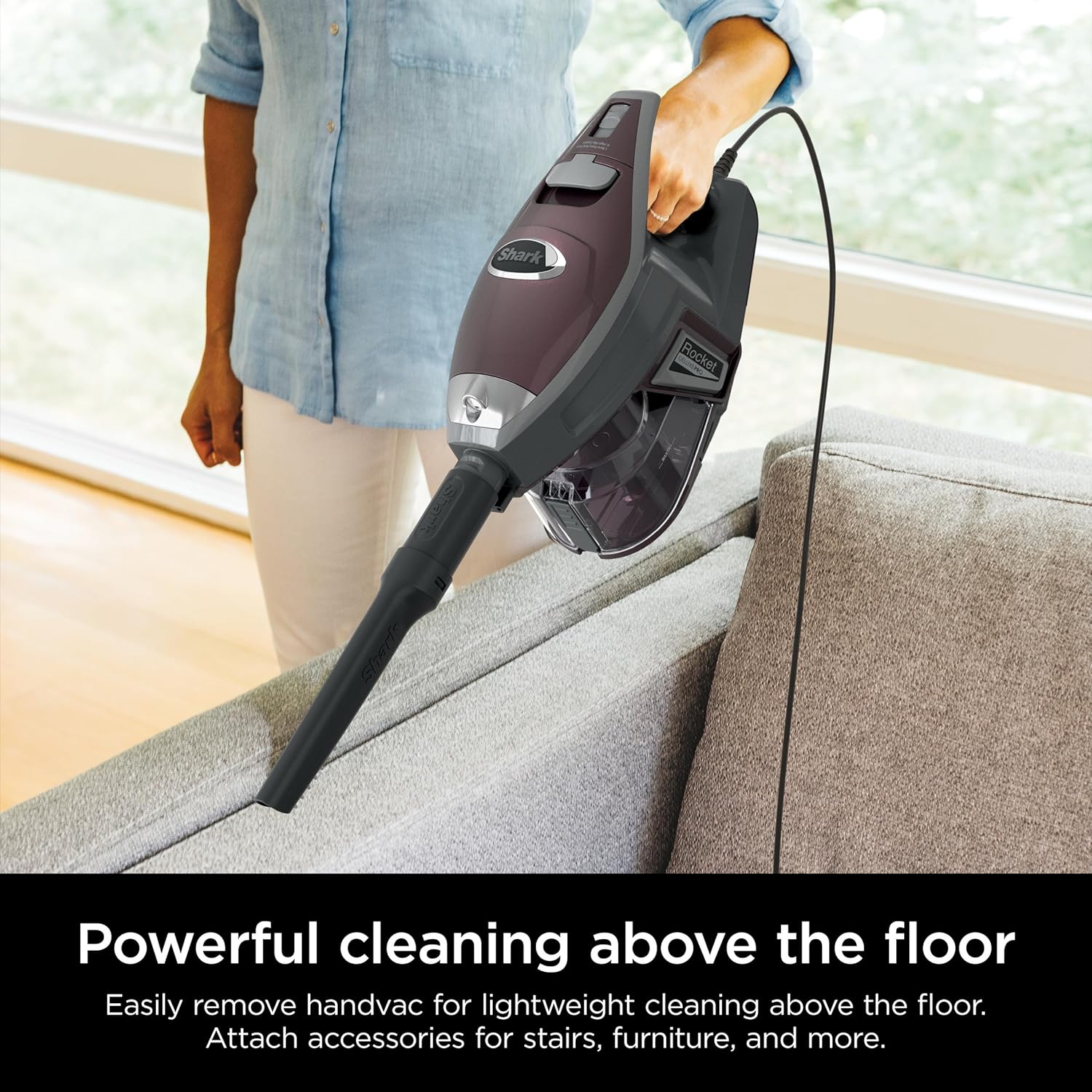 Shark HV322 Rocket Deluxe Pro Corded Stick Vacuum with LED Headlights, XL Dust Cup, Lightweight, Perfect for Pet Hair Pickup, Converts to a Hand Vacuum, with Pet Attachments, Bordeaux/Silver image 6