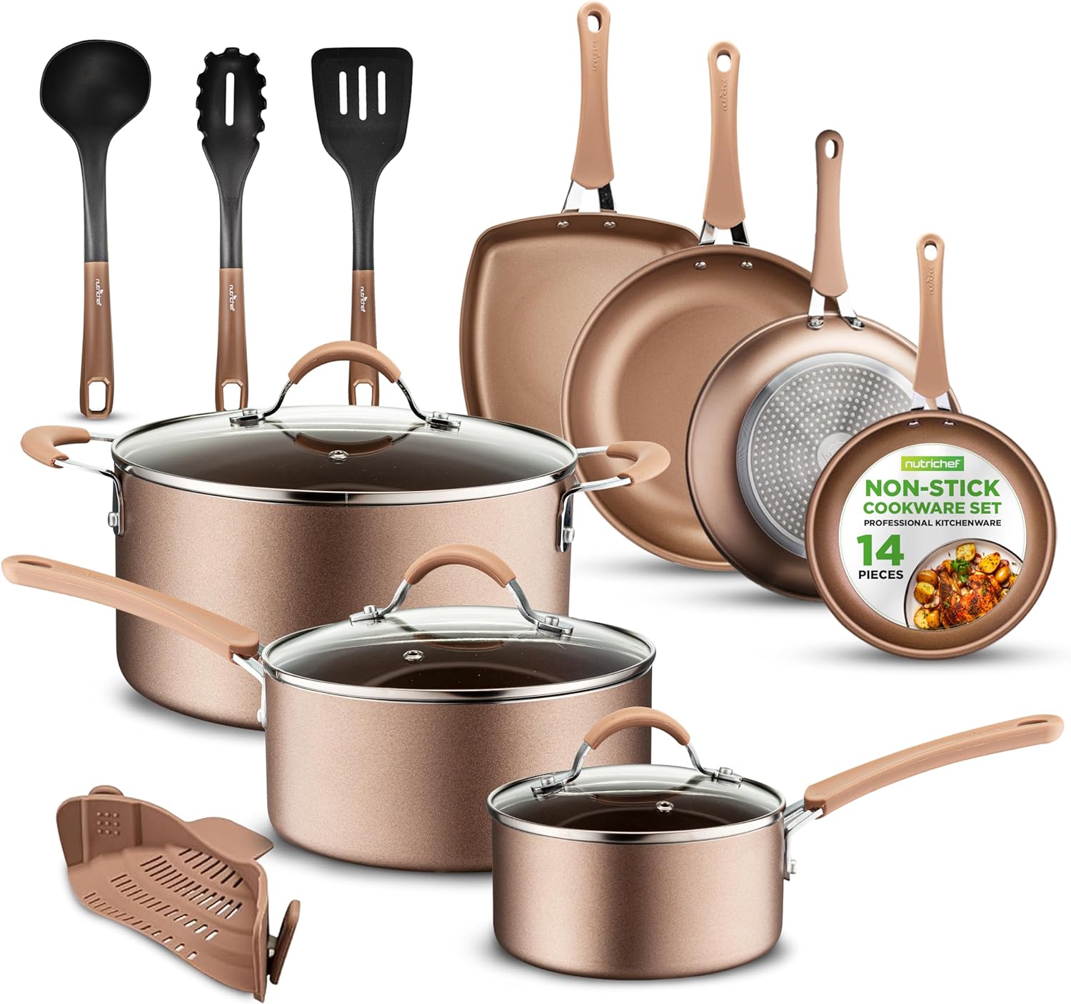 NutriChef 14-Piece Nonstick Cookware PFOA/PFOS-Free Heat Resistant Lacquer Kitchen Ware Set w/Saucepan, Frying Pans, Cooking, Dutch Oven Pot, Lids, Utensils, NCCW14S, Shiny Golden image 1