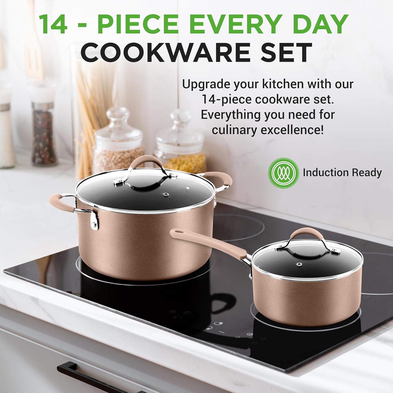 NutriChef 14-Piece Nonstick Cookware PFOA/PFOS-Free Heat Resistant Lacquer Kitchen Ware Set w/Saucepan, Frying Pans, Cooking, Dutch Oven Pot, Lids, Utensils, NCCW14S, Shiny Golden image 2