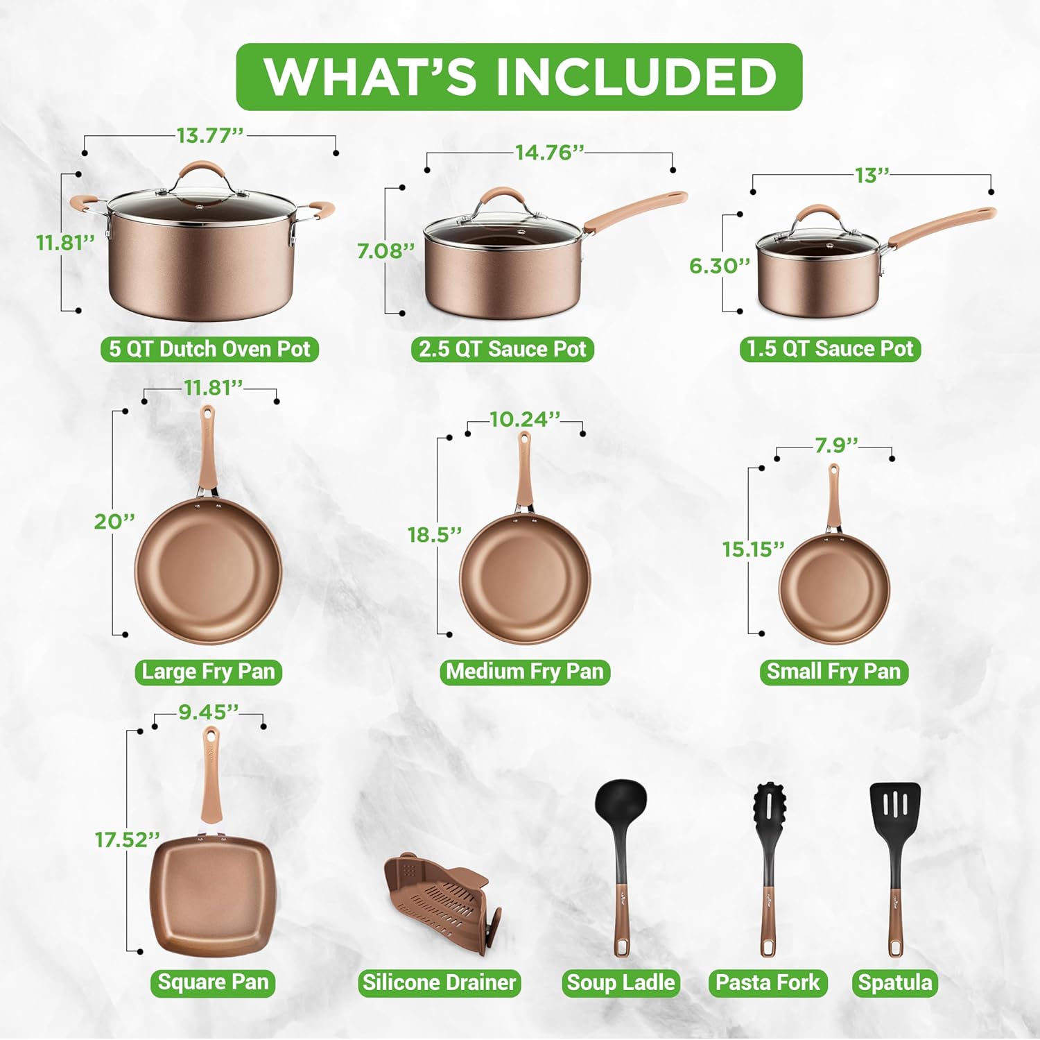 NutriChef 14-Piece Nonstick Cookware PFOA/PFOS-Free Heat Resistant Lacquer Kitchen Ware Set w/Saucepan, Frying Pans, Cooking, Dutch Oven Pot, Lids, Utensils, NCCW14S, Shiny Golden image 3