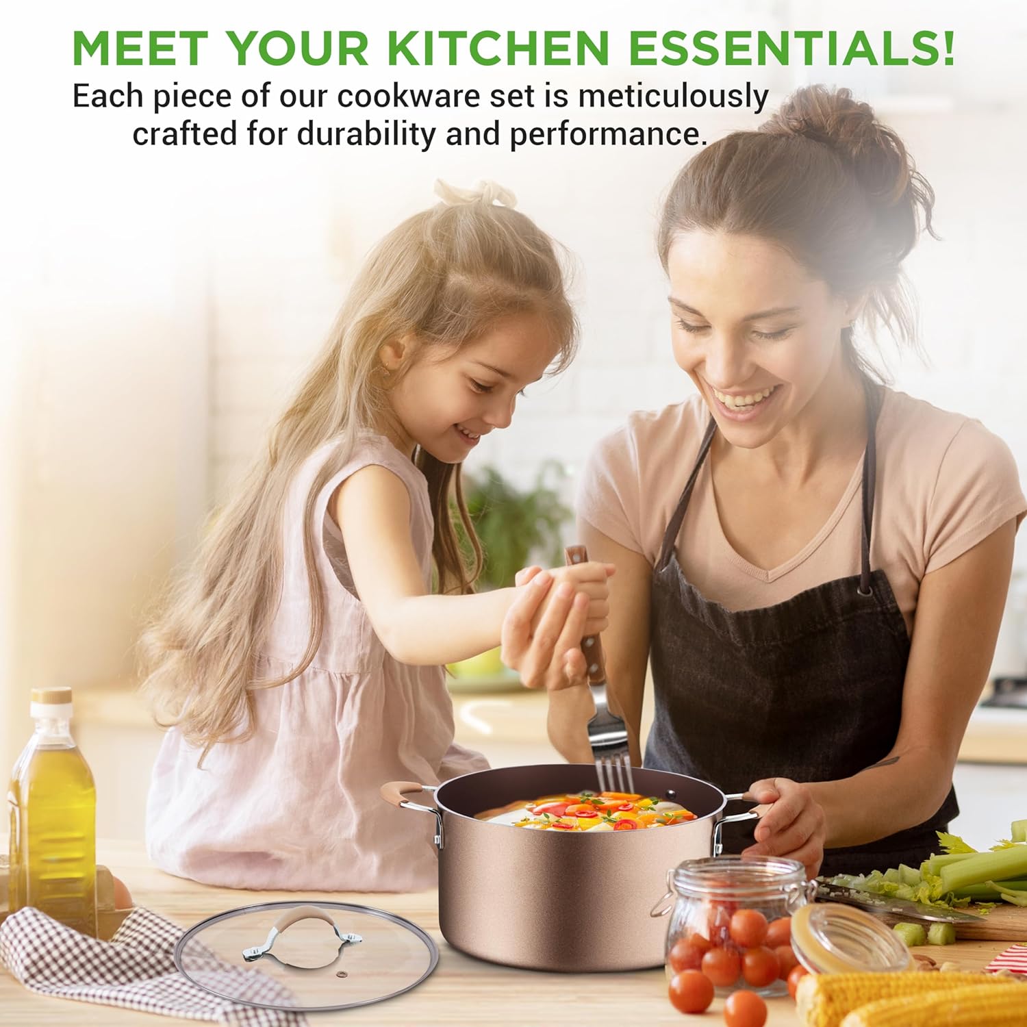 NutriChef 14-Piece Nonstick Cookware PFOA/PFOS-Free Heat Resistant Lacquer Kitchen Ware Set w/Saucepan, Frying Pans, Cooking, Dutch Oven Pot, Lids, Utensils, NCCW14S, Shiny Golden image 6