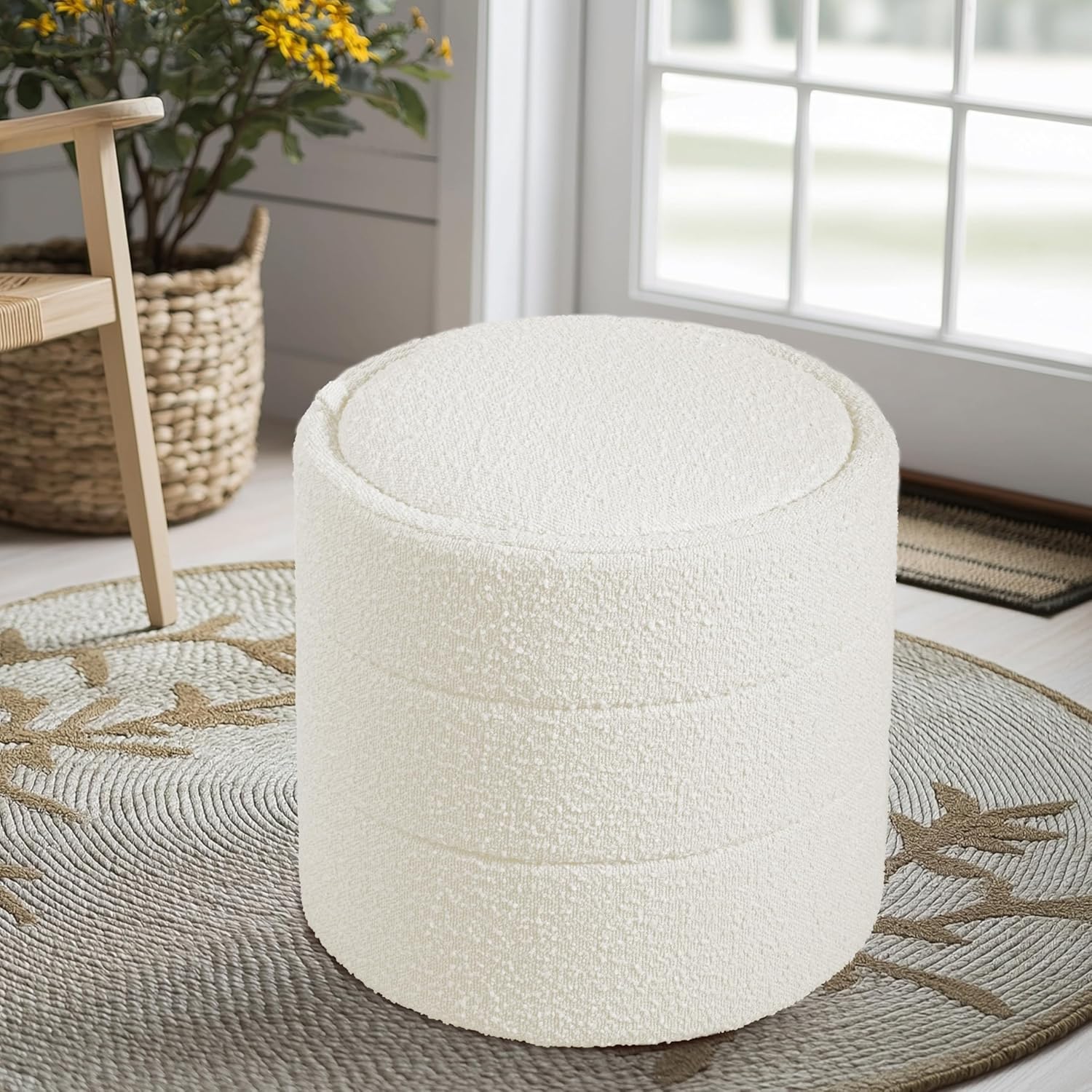 HomePop Storage Round Ottoman with Removable Lid Home Décor|Upholstered Round Foot Rest Ottoman - Cream Boucle image 2
