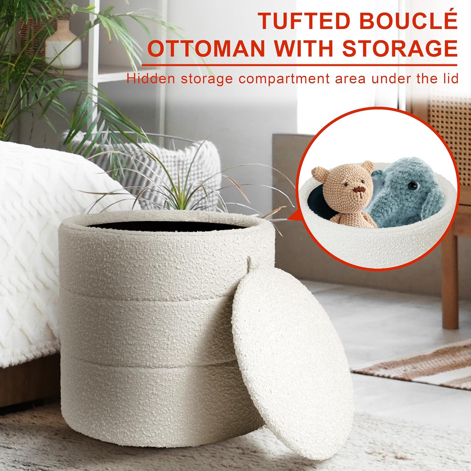 HomePop Storage Round Ottoman with Removable Lid Home Décor|Upholstered Round Foot Rest Ottoman - Cream Boucle image 4