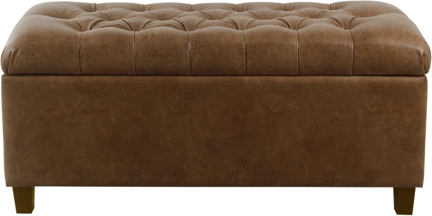 Homepop Home Decor | Button Tufted Storage Bench | Ottoman Bench with Storage for Living Room & Bedroom, Distressed Brown Faux Leather image 3
