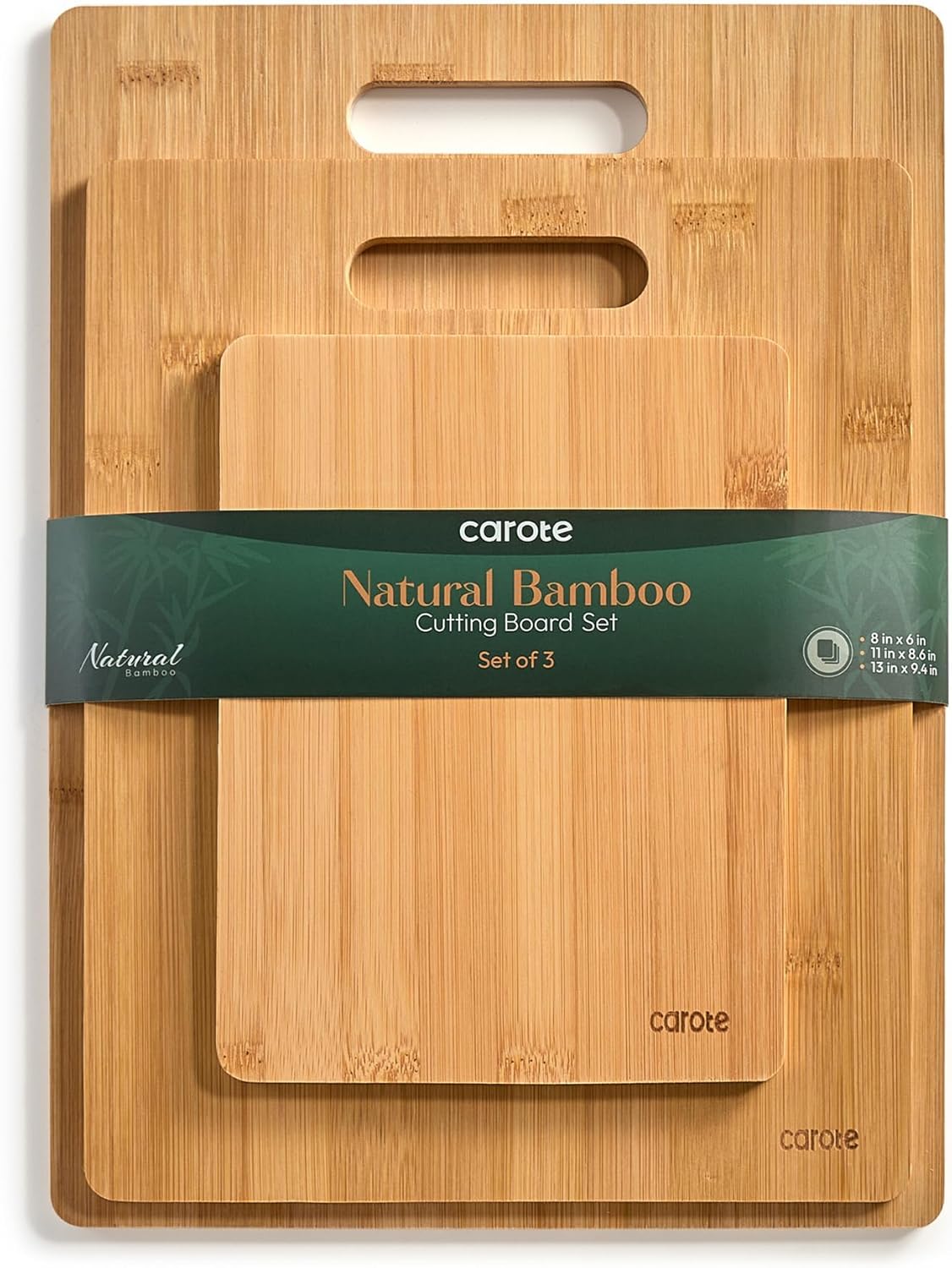 CAROTE 3Pcs Bamboo Cutting Boards, Wood Cutting Boards for Kitchen with Built-in Handles, Eco-Friendly, Ideal for Charcuterie & Chopping Meat, Vegetables & Fruit (Solid Bamboo) image 1