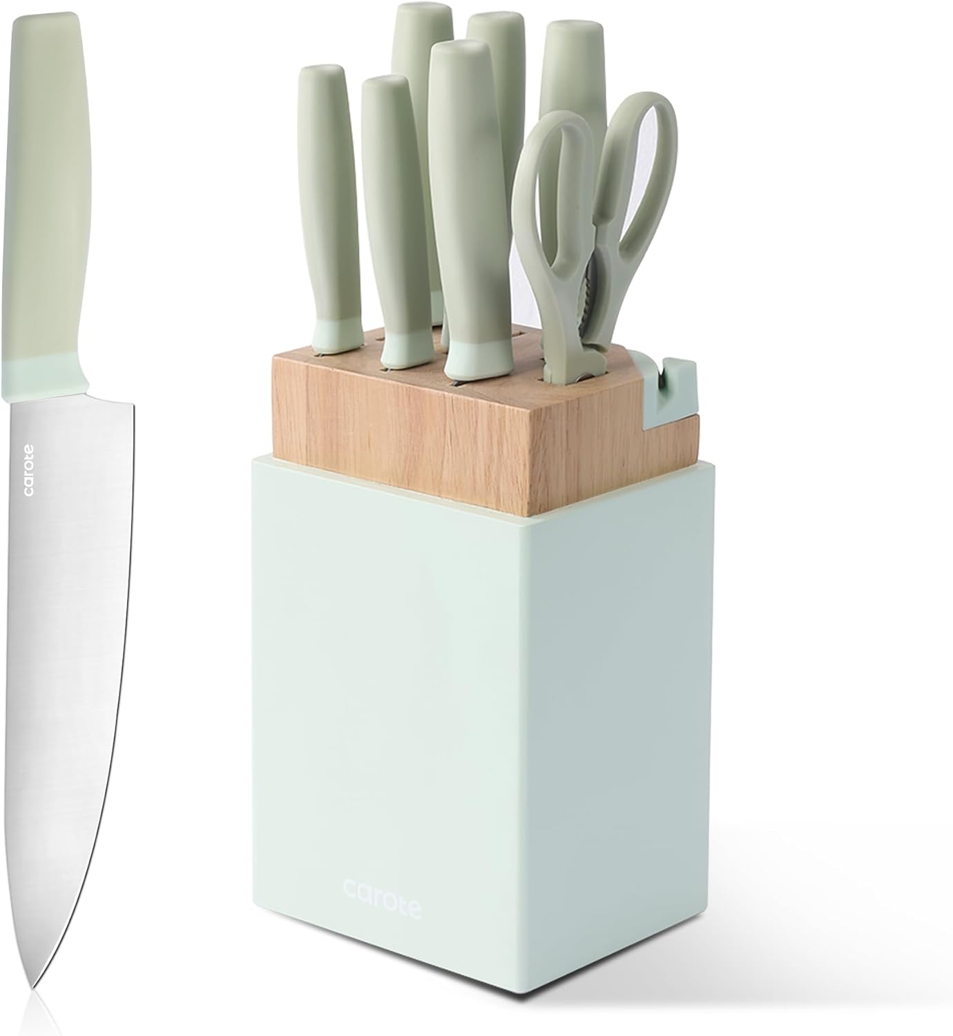 CAROTE Kitchen Knife Set with Block and Sharpener, Dishwasher Safe Knife Block Set 9Pcs, Forged Cutlery with Razor-Sharp Stainless Steel Blades, Green image 1