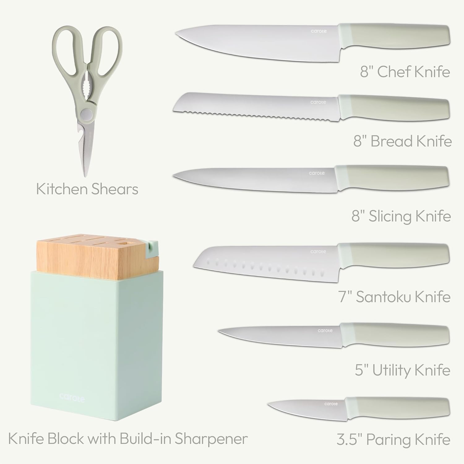 CAROTE Kitchen Knife Set with Block and Sharpener, Dishwasher Safe Knife Block Set 9Pcs, Forged Cutlery with Razor-Sharp Stainless Steel Blades, Green image 2