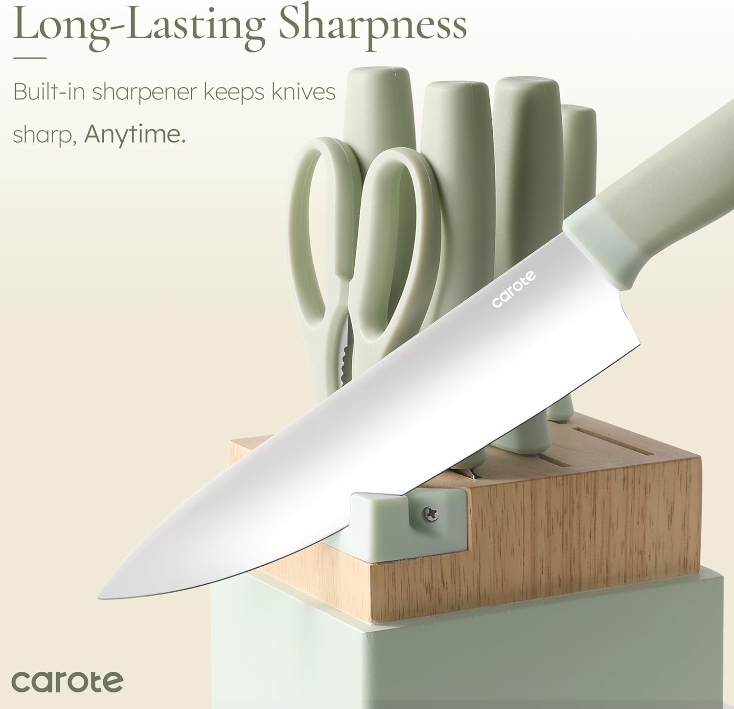 CAROTE Kitchen Knife Set with Block and Sharpener, Dishwasher Safe Knife Block Set 9Pcs, Forged Cutlery with Razor-Sharp Stainless Steel Blades, Green image 3