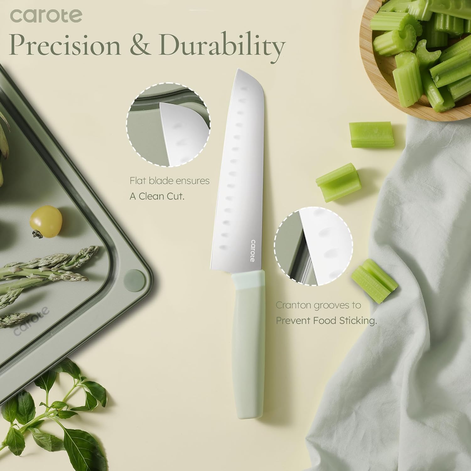 CAROTE Kitchen Knife Set with Block and Sharpener, Dishwasher Safe Knife Block Set 9Pcs, Forged Cutlery with Razor-Sharp Stainless Steel Blades, Green image 4