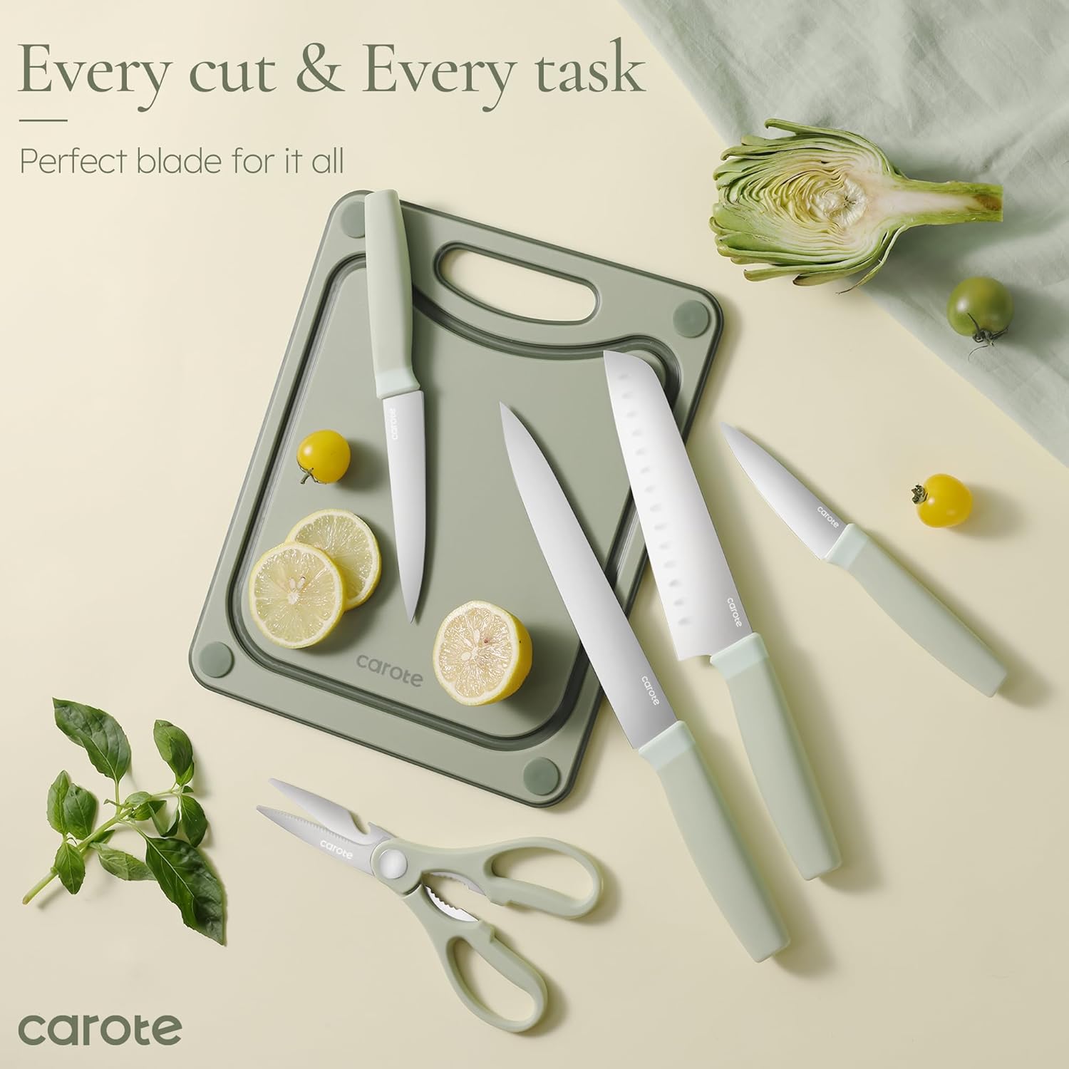 CAROTE Kitchen Knife Set with Block and Sharpener, Dishwasher Safe Knife Block Set 9Pcs, Forged Cutlery with Razor-Sharp Stainless Steel Blades, Green image 7