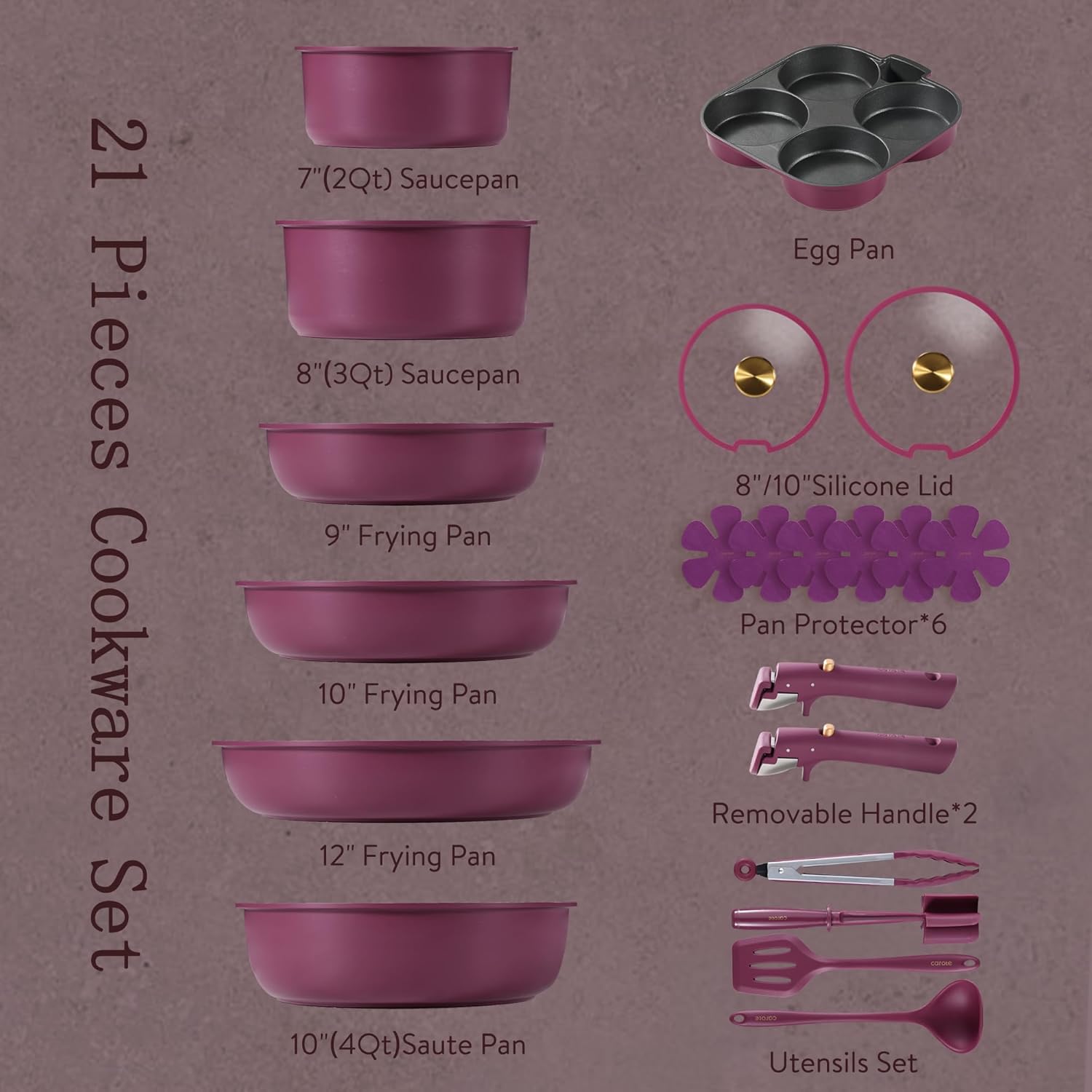 CAROTE 21pcs Pots and Pans Set, Nonstick Cookware Set Detachable Handle, Induction Kitchen Cookware Sets Non Stick with Removable Handle, RV Cookware Set, Gold and Purple image 2